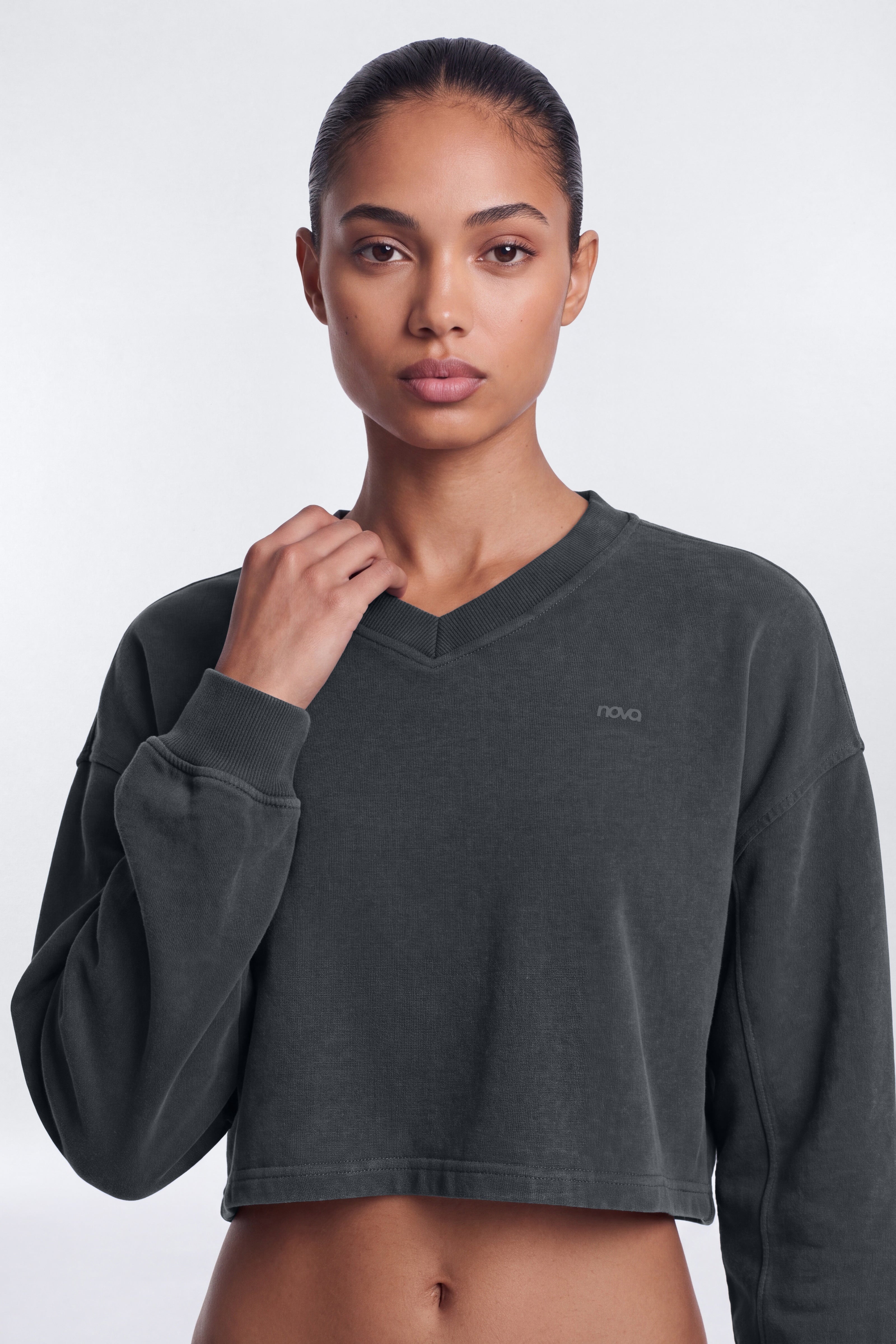 French Terry Crop V Neck Sweatshirt - Carbon