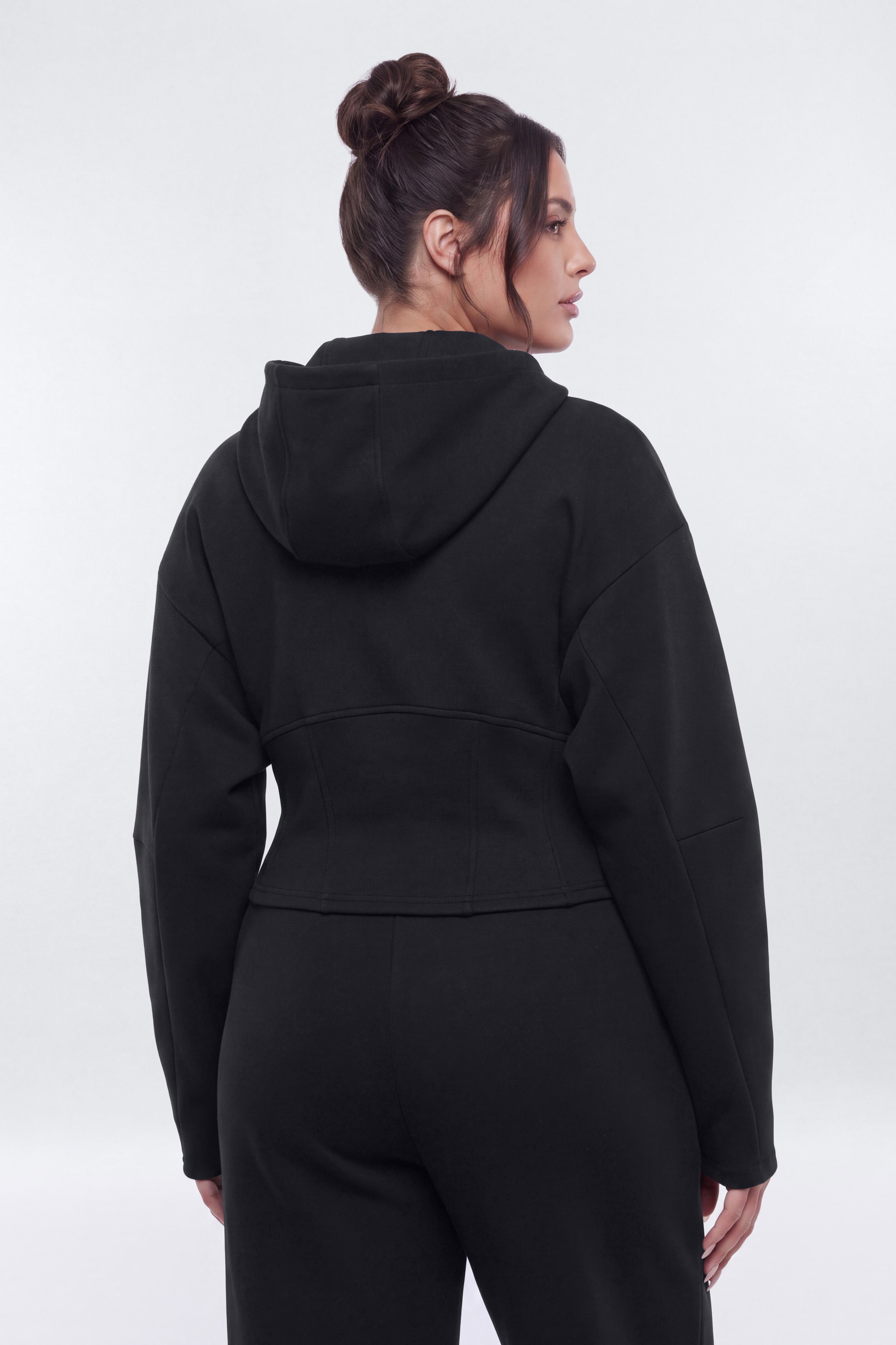 Technical Knit Structured Full Zip Hooded Jacket - Black