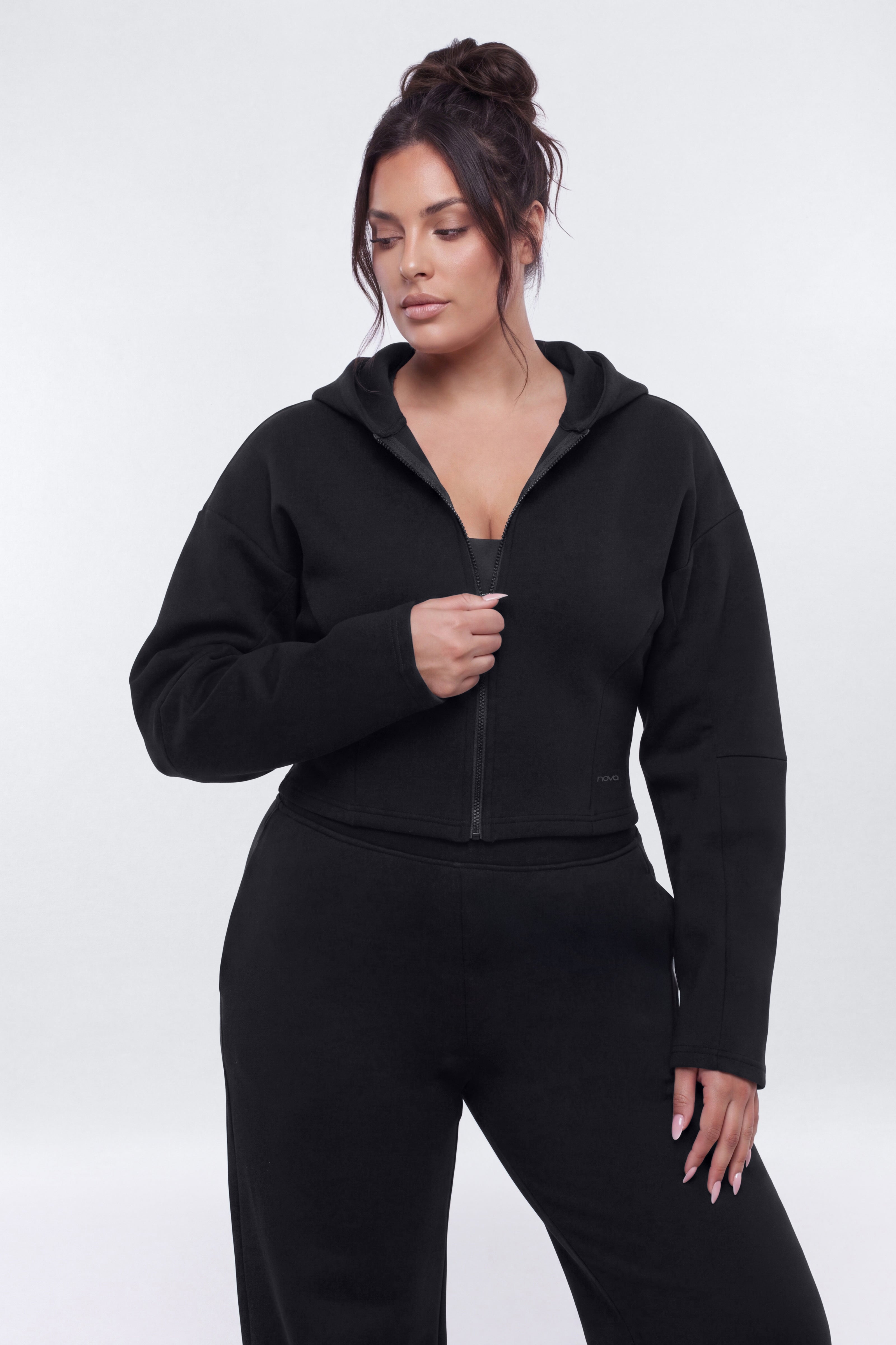 Technical Knit Structured Full Zip Hooded Jacket - Black