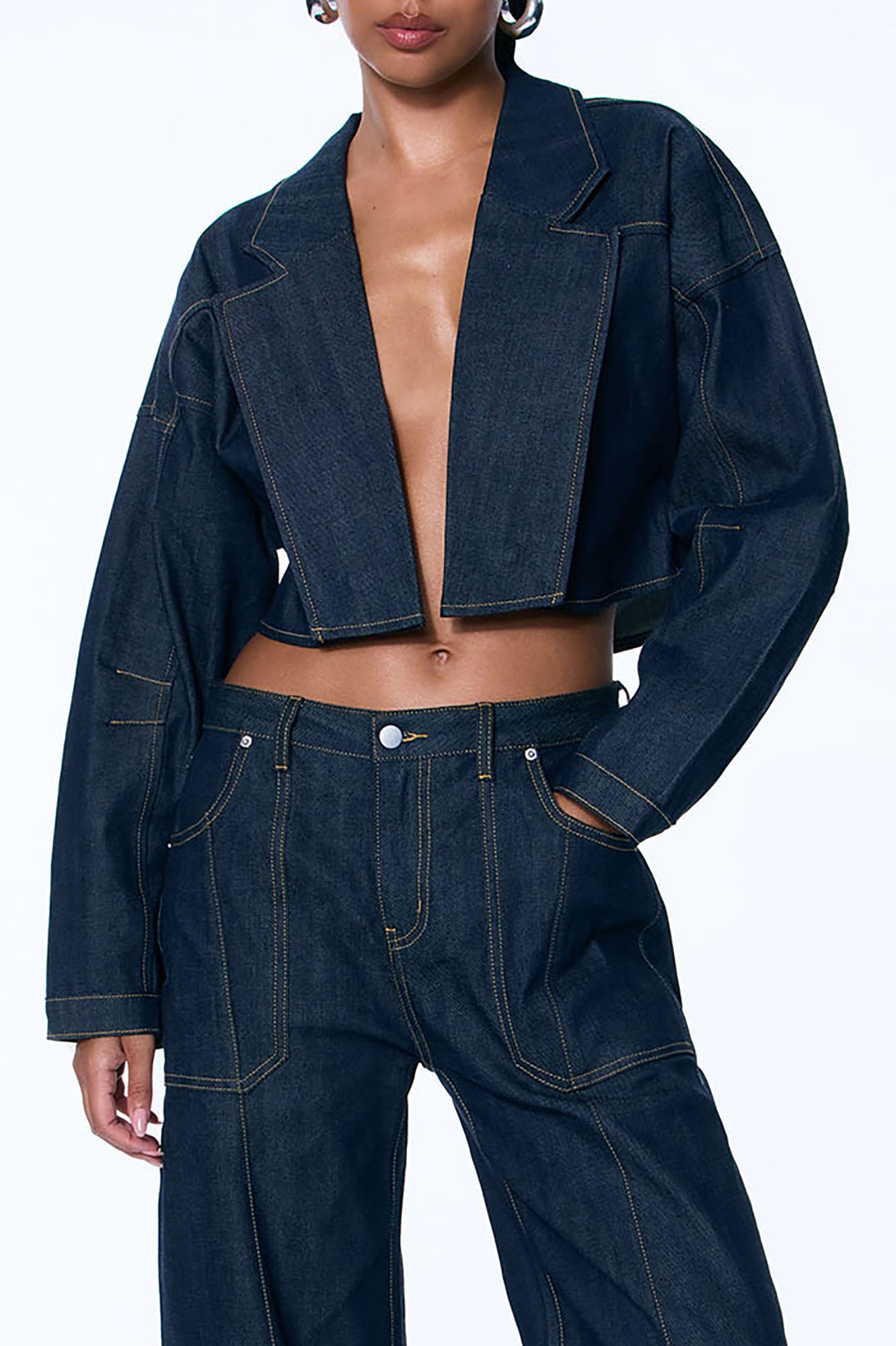 Premium Selvedge Cropped Denim Blazer - Dark Denim