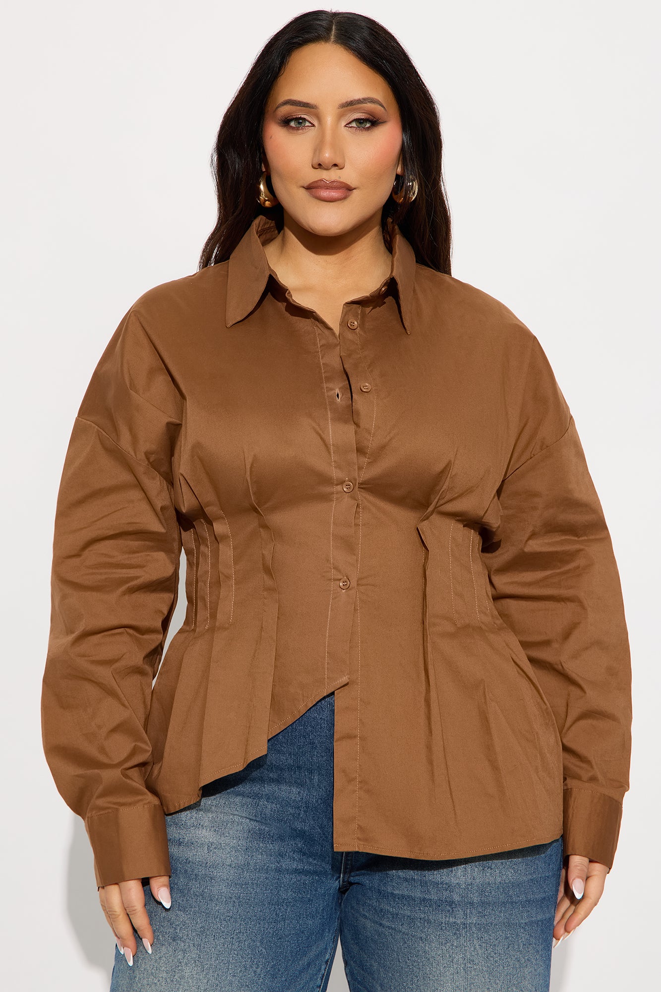 Office Romance Pleated Poplin Shirt - Khaki