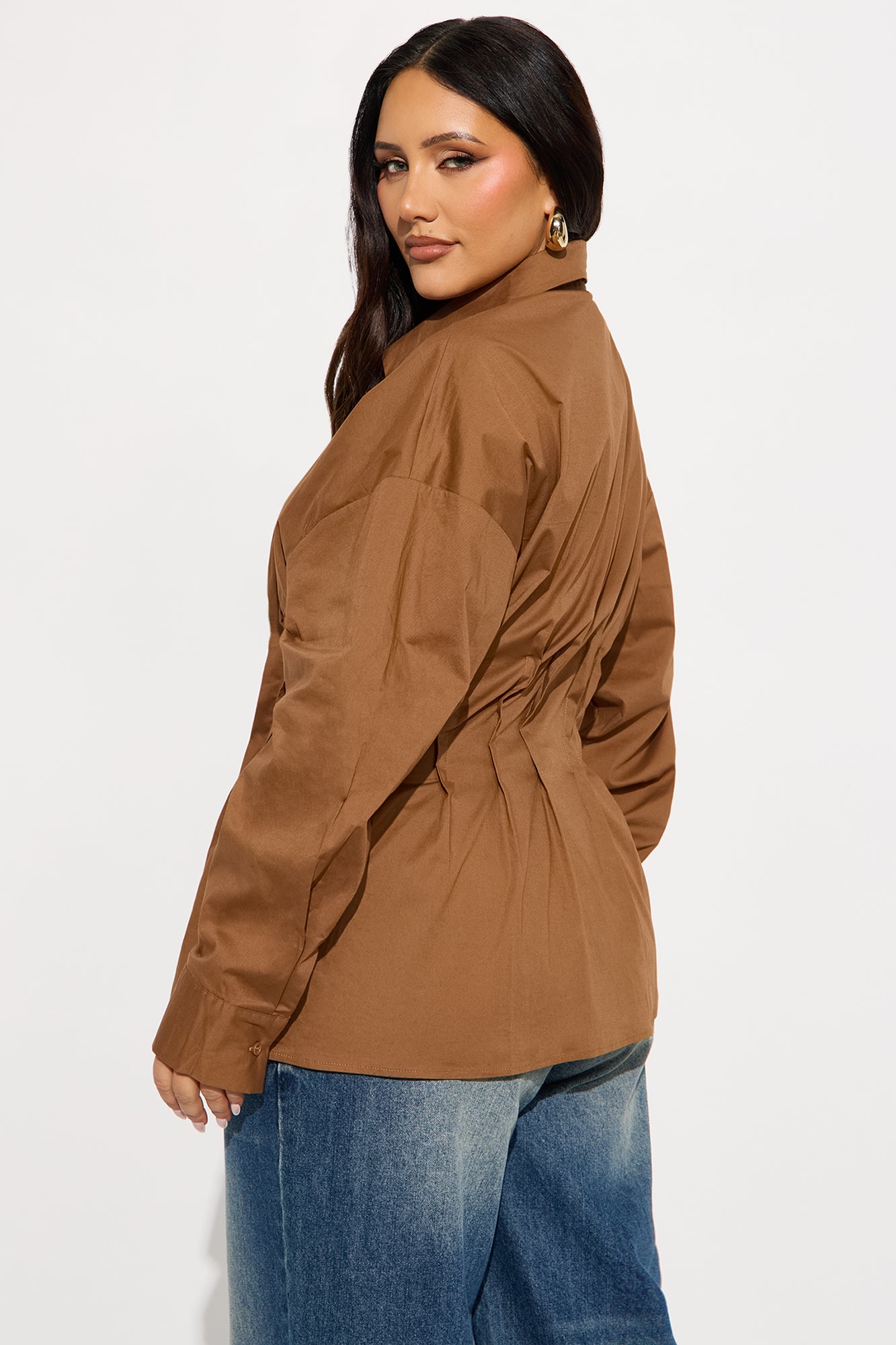 Office Romance Pleated Poplin Shirt - Khaki