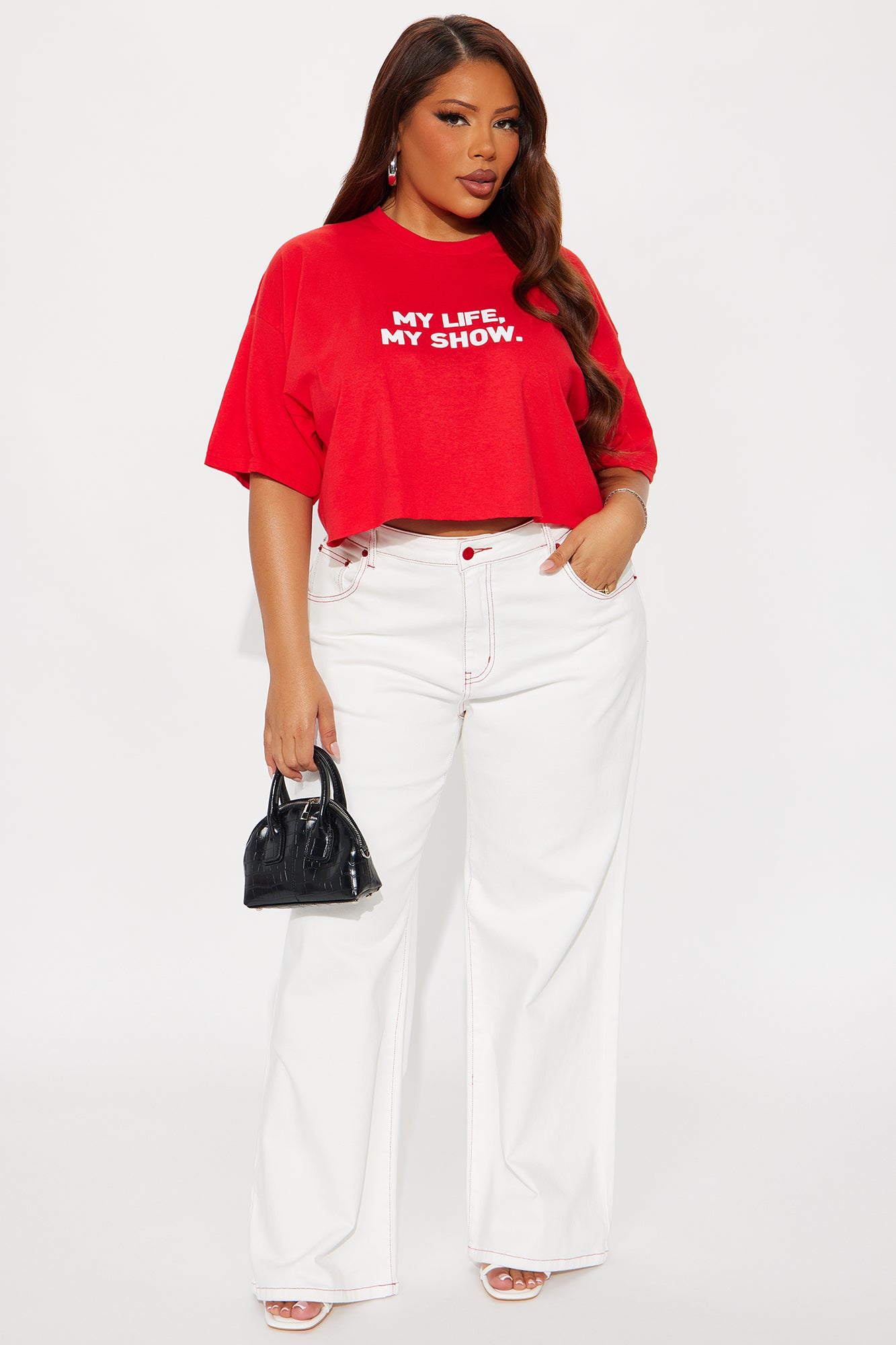 Cherry Bow Embroidered Wide Leg Jeans - White