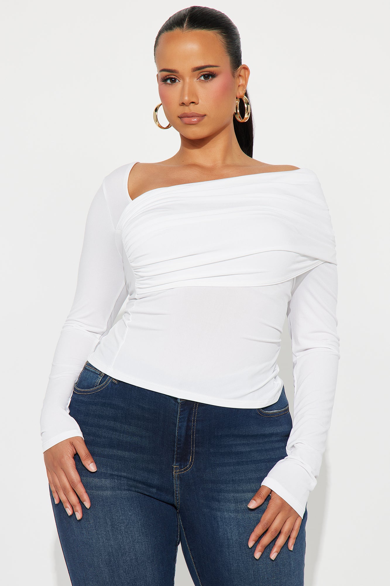 Modern Art Long Sleeve Ruched Top - Ivory