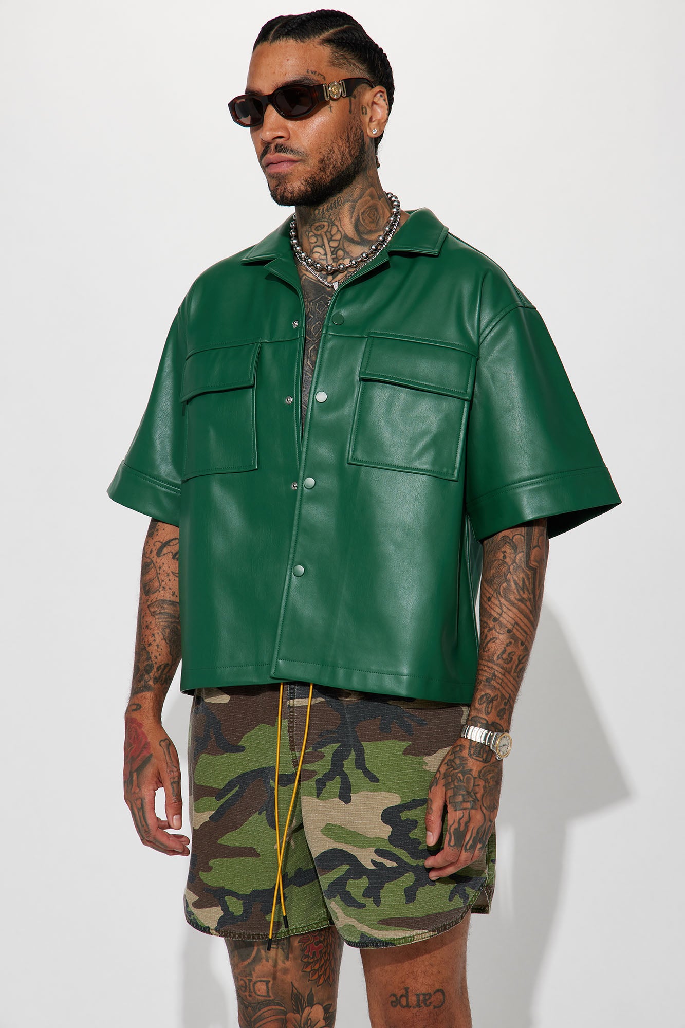 Cropped High Stepper Faux Leather Button Up Shirt - Hunter