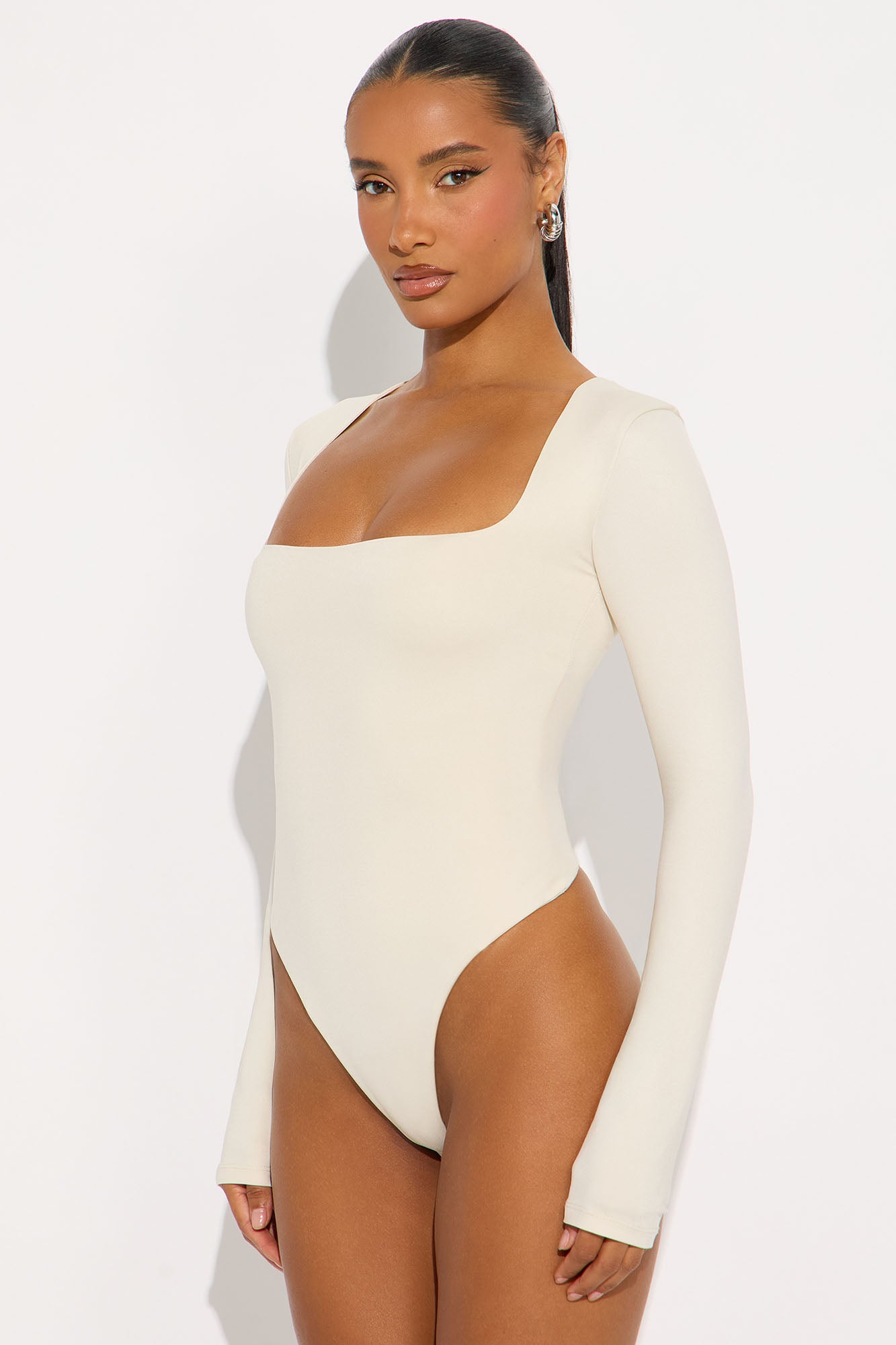 Contour Double Lined Long Sleeve Square Neck Bodysuit - Bone