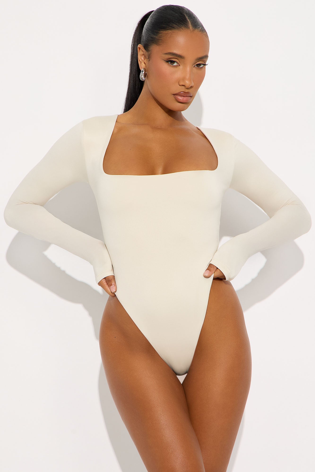 Contour Double Lined Long Sleeve Square Neck Bodysuit - Bone