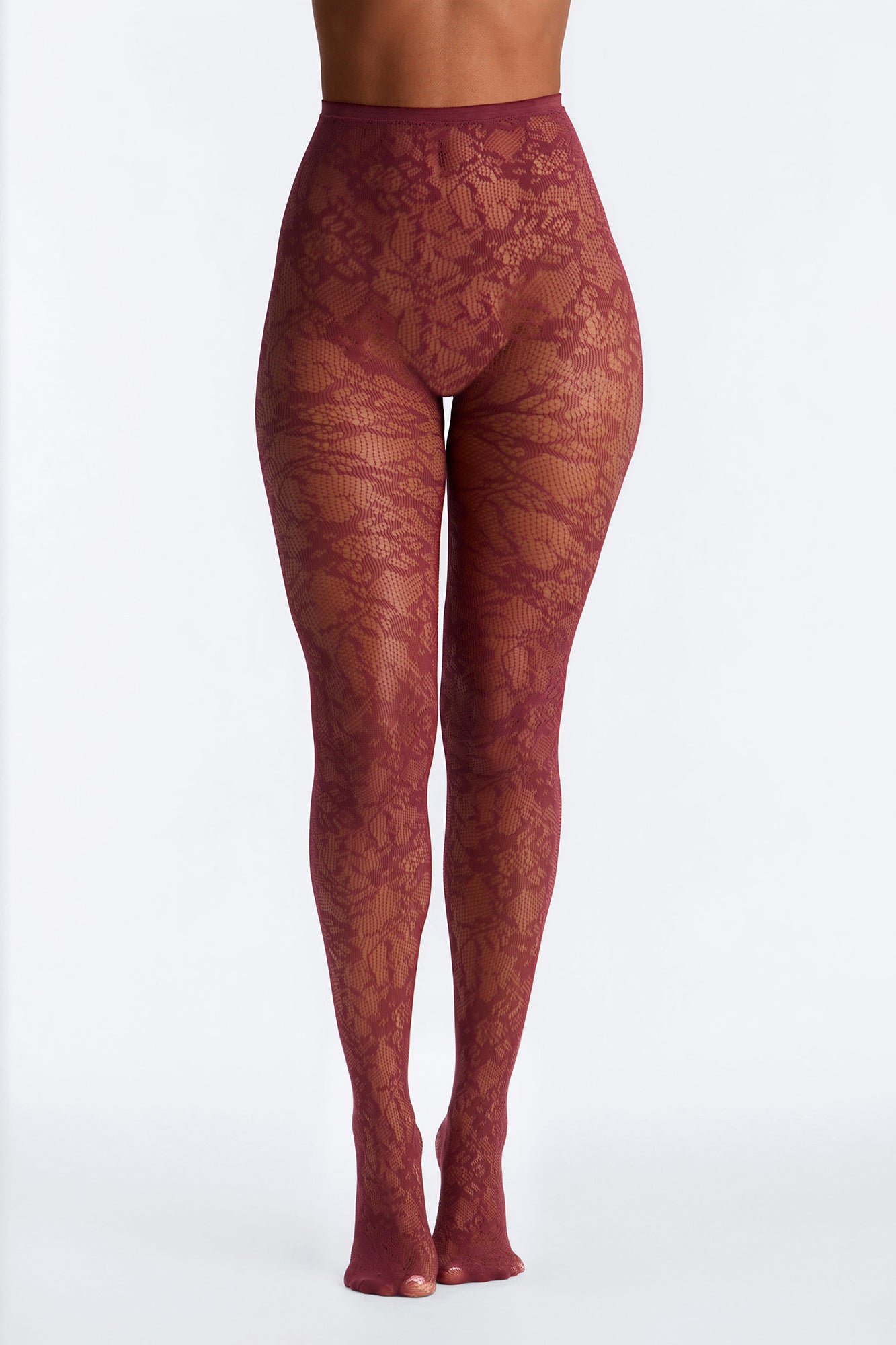 Evelyn Sheer Lace Tights - Burgundy