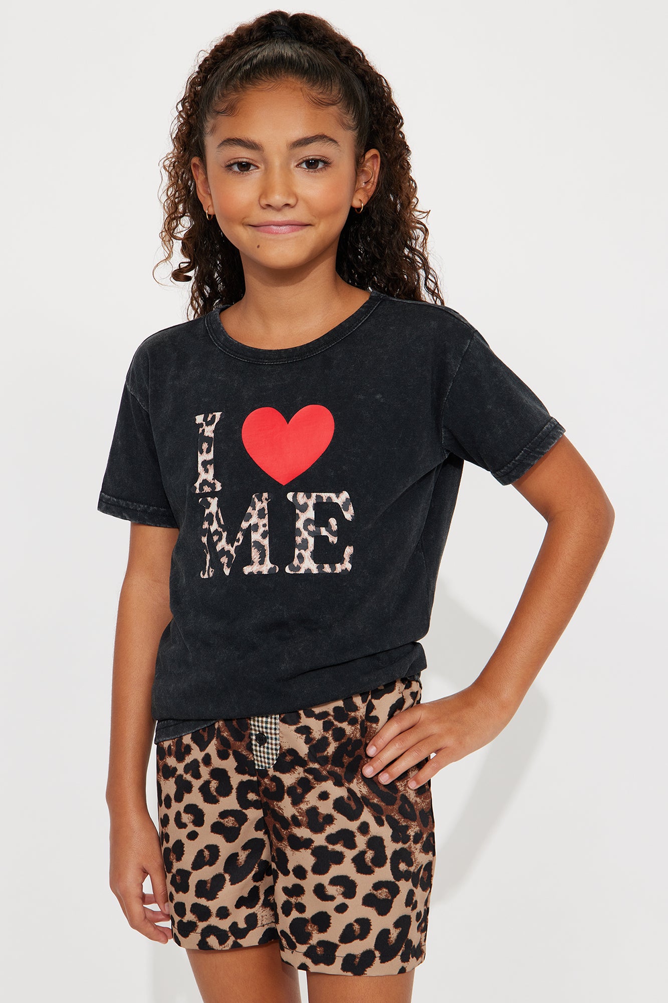 Mini I Love Me Leopard Washed Oversized Tee - Black