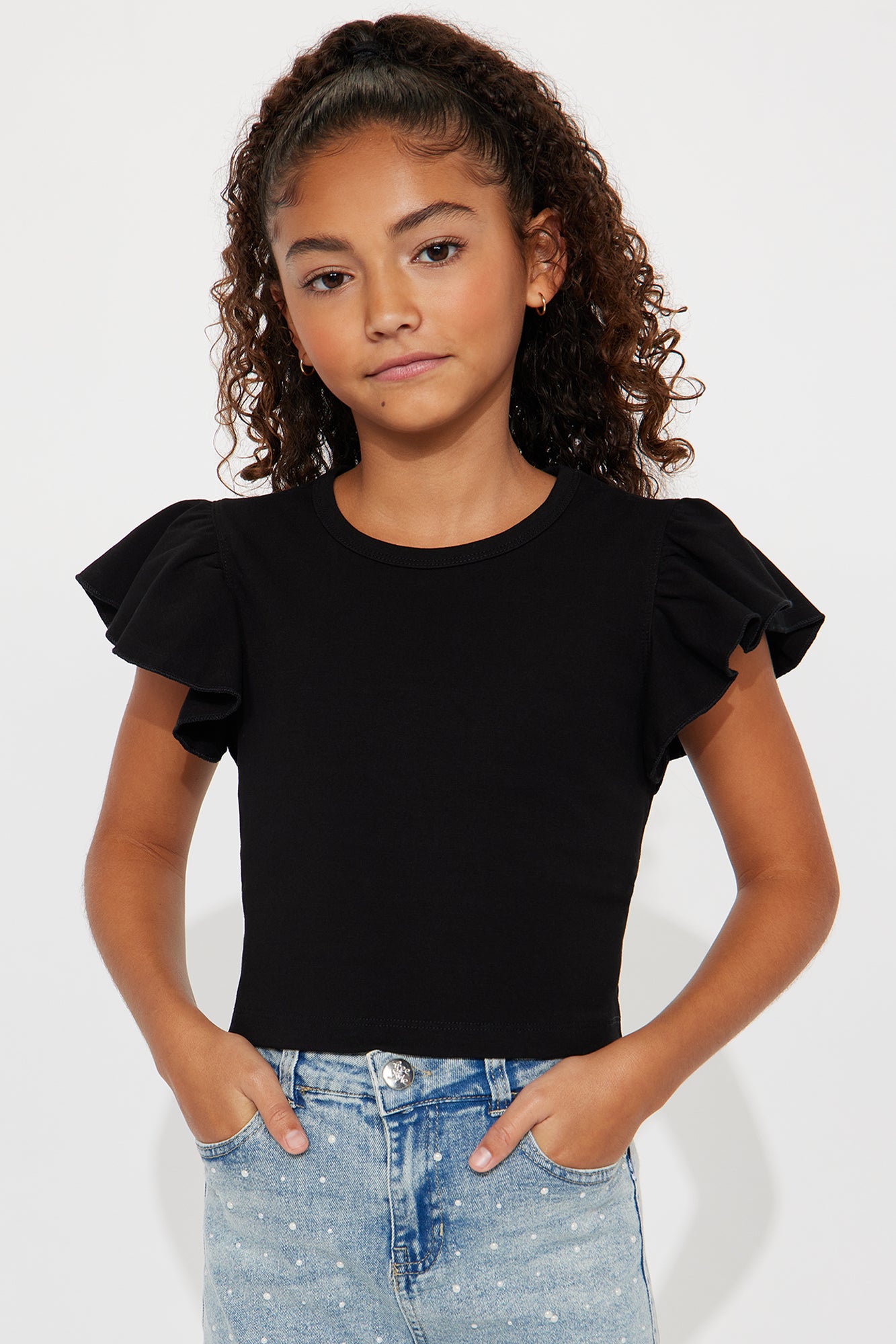 Mini Kyra Ruffle Sleeve Top - Black