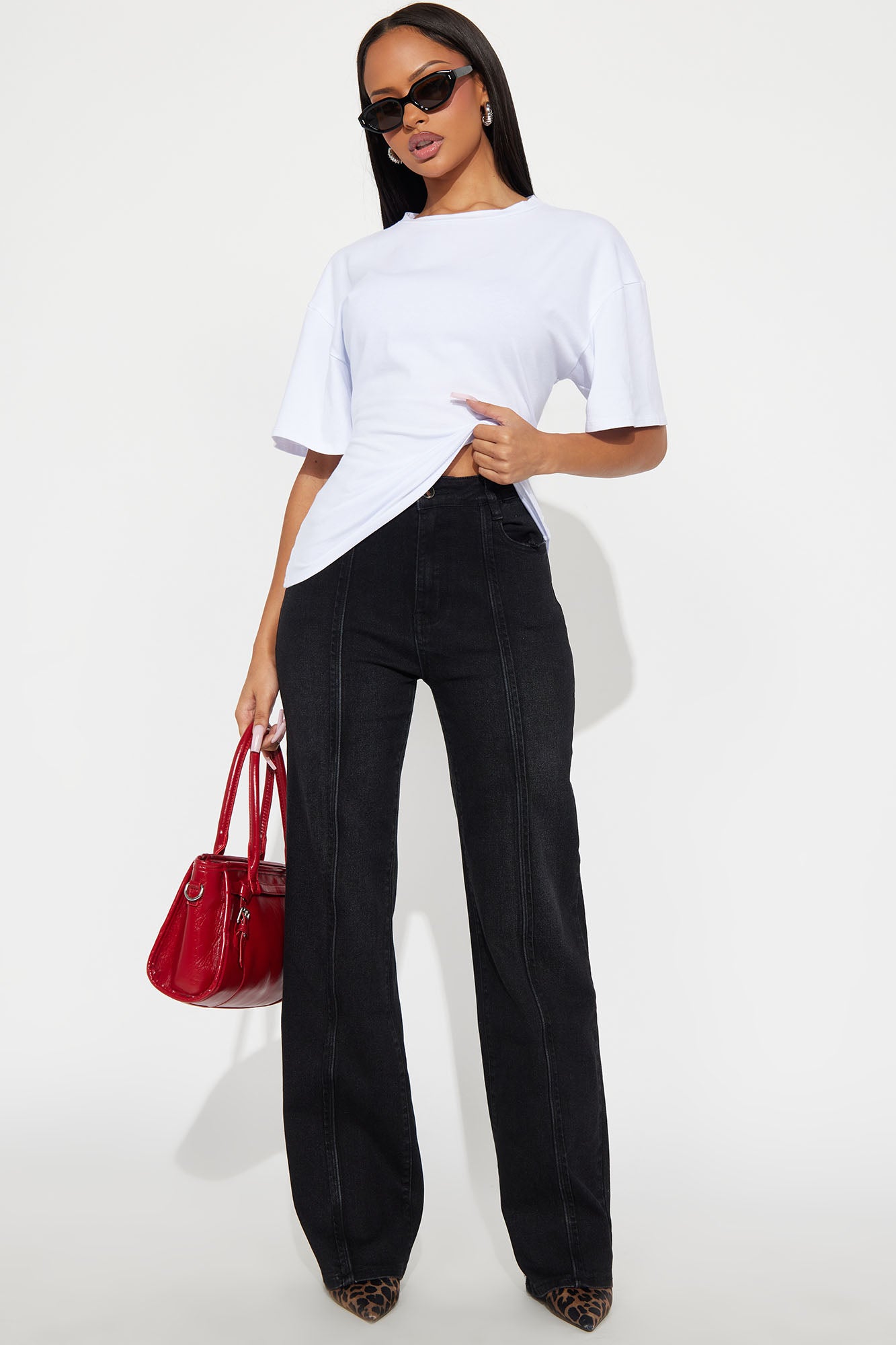 Pintucked Straight Leg Jeans - Black Wash