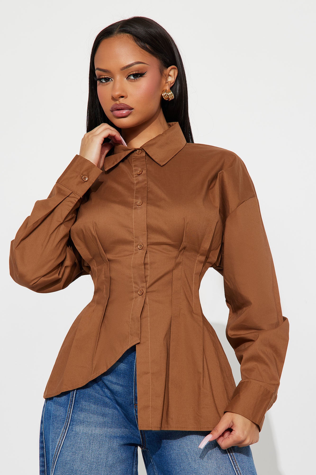Office Romance Pleated Poplin Shirt - Khaki