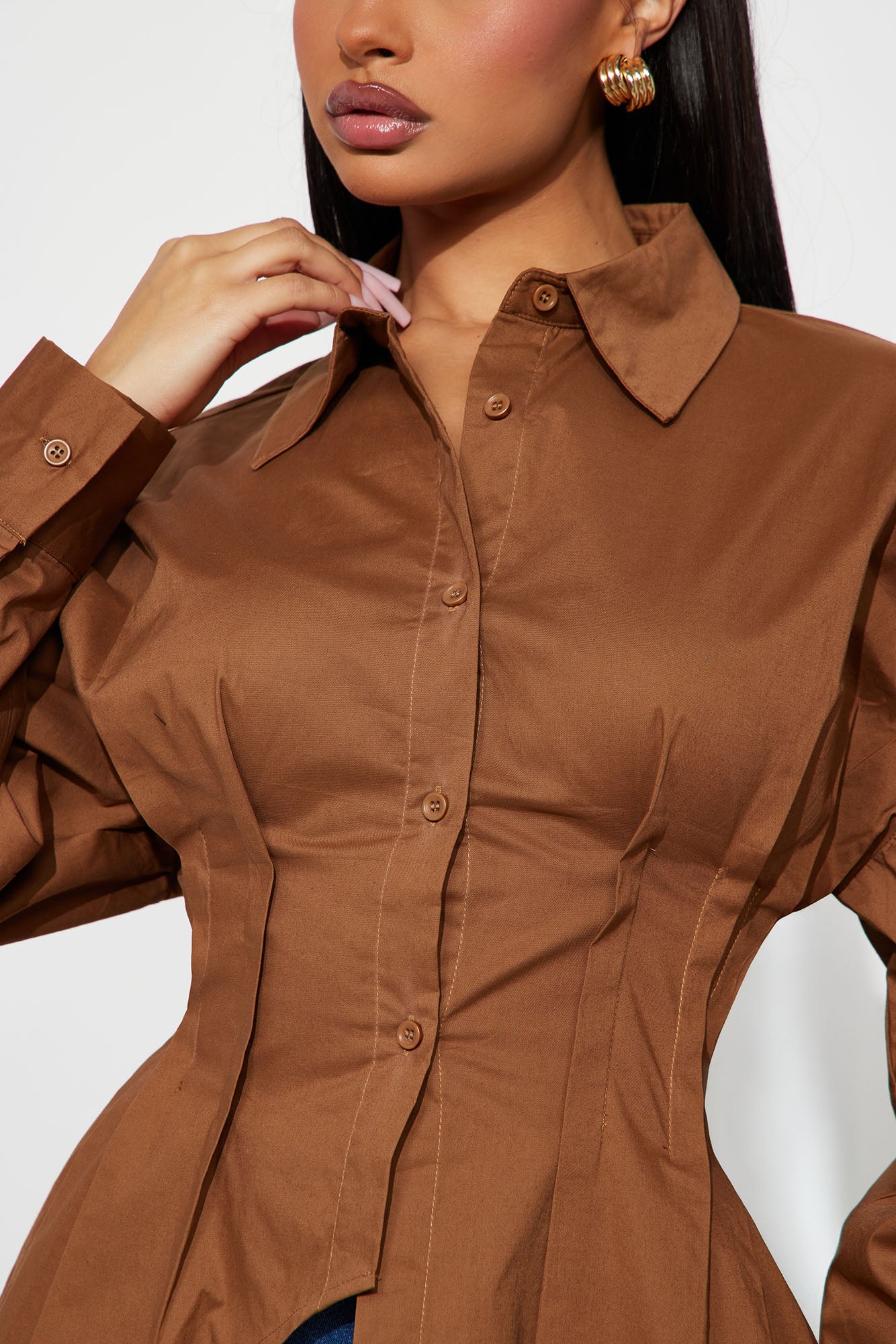 Office Romance Pleated Poplin Shirt - Khaki