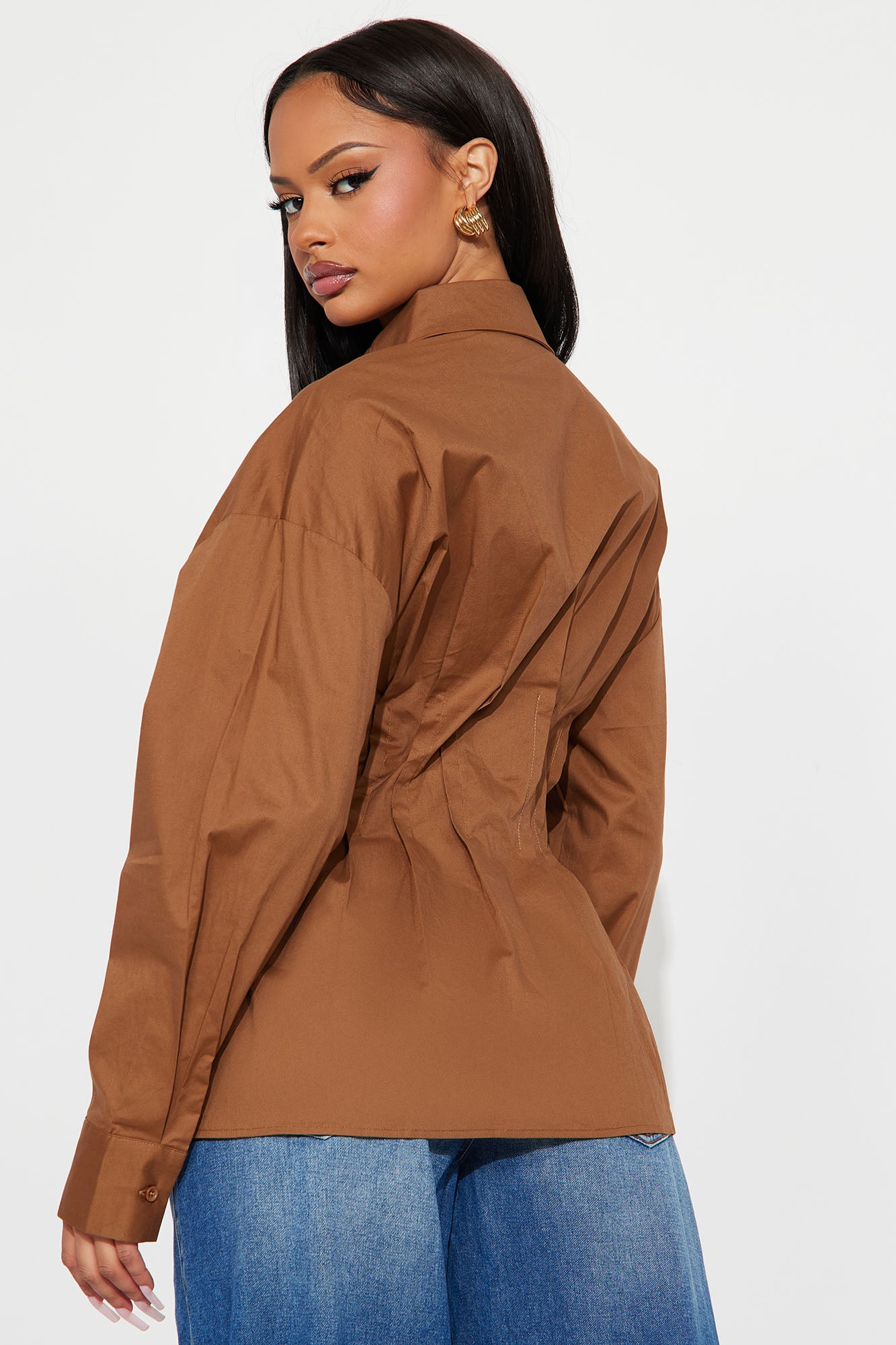 Office Romance Pleated Poplin Shirt - Khaki