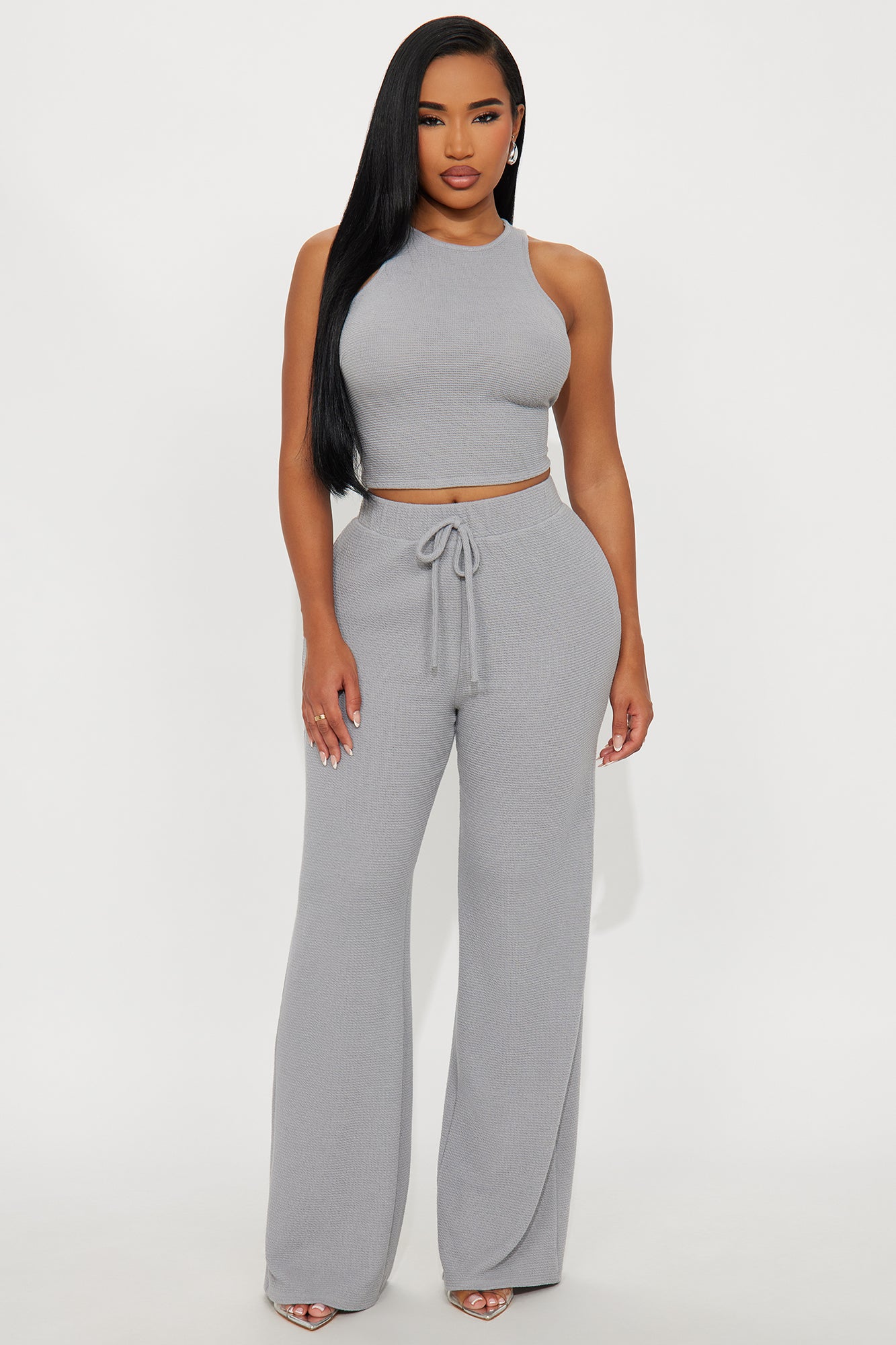 Alana Textured Wide Leg Pant Set - Grey