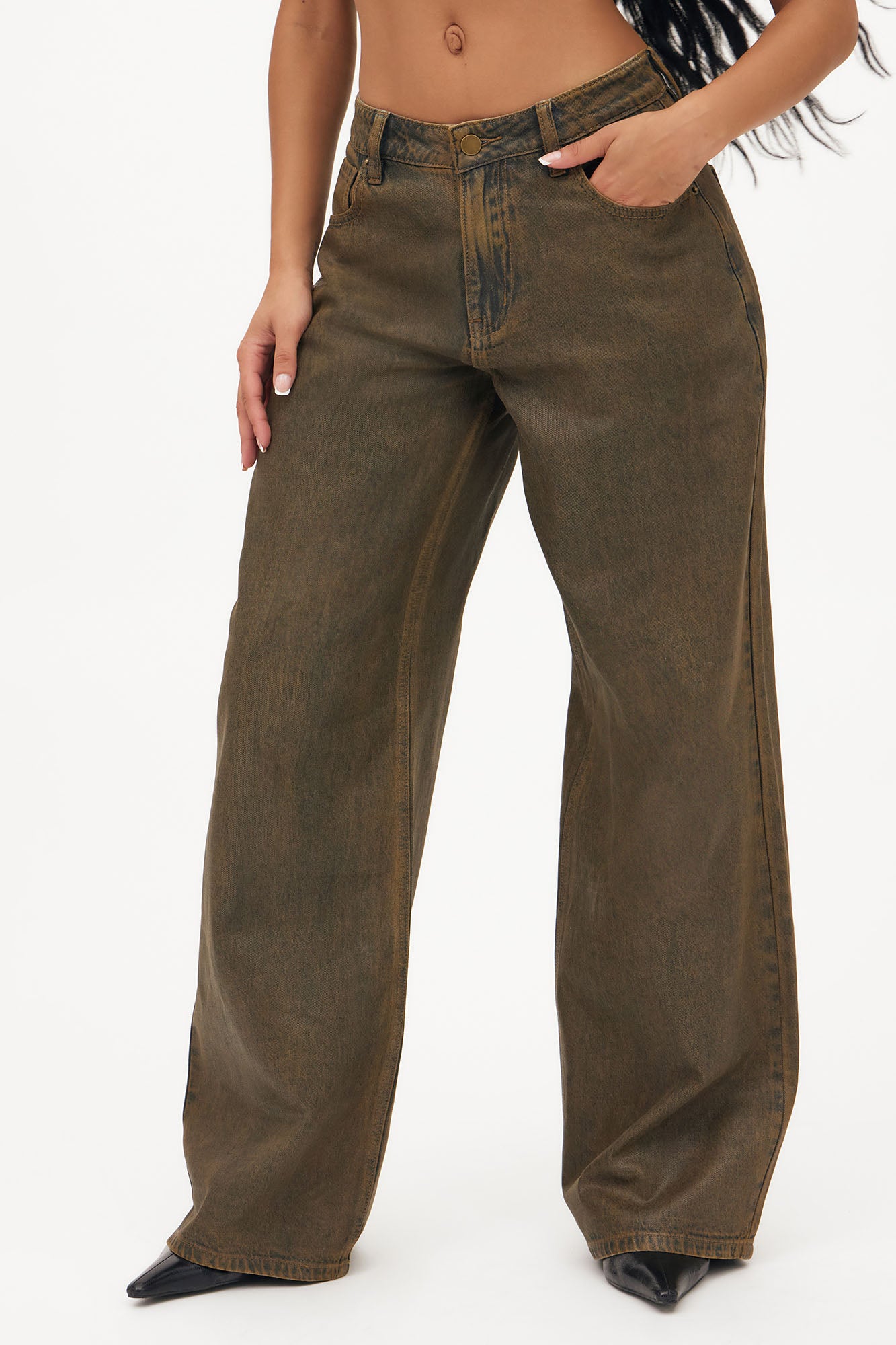 Play It Off Coated Wide Leg Jeans - Brown