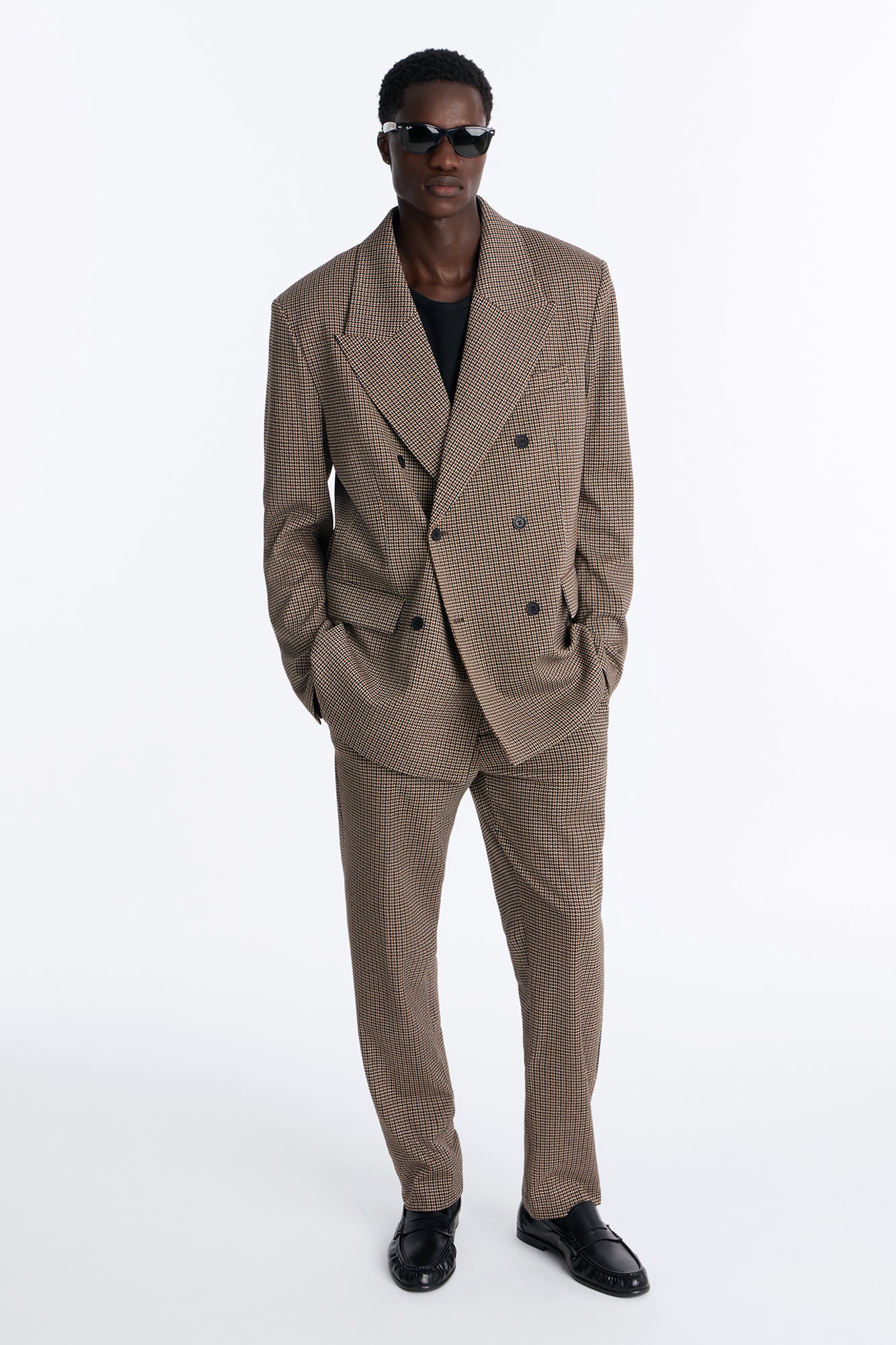 Executive Houndstooth Double Breasted Blazer - Brown