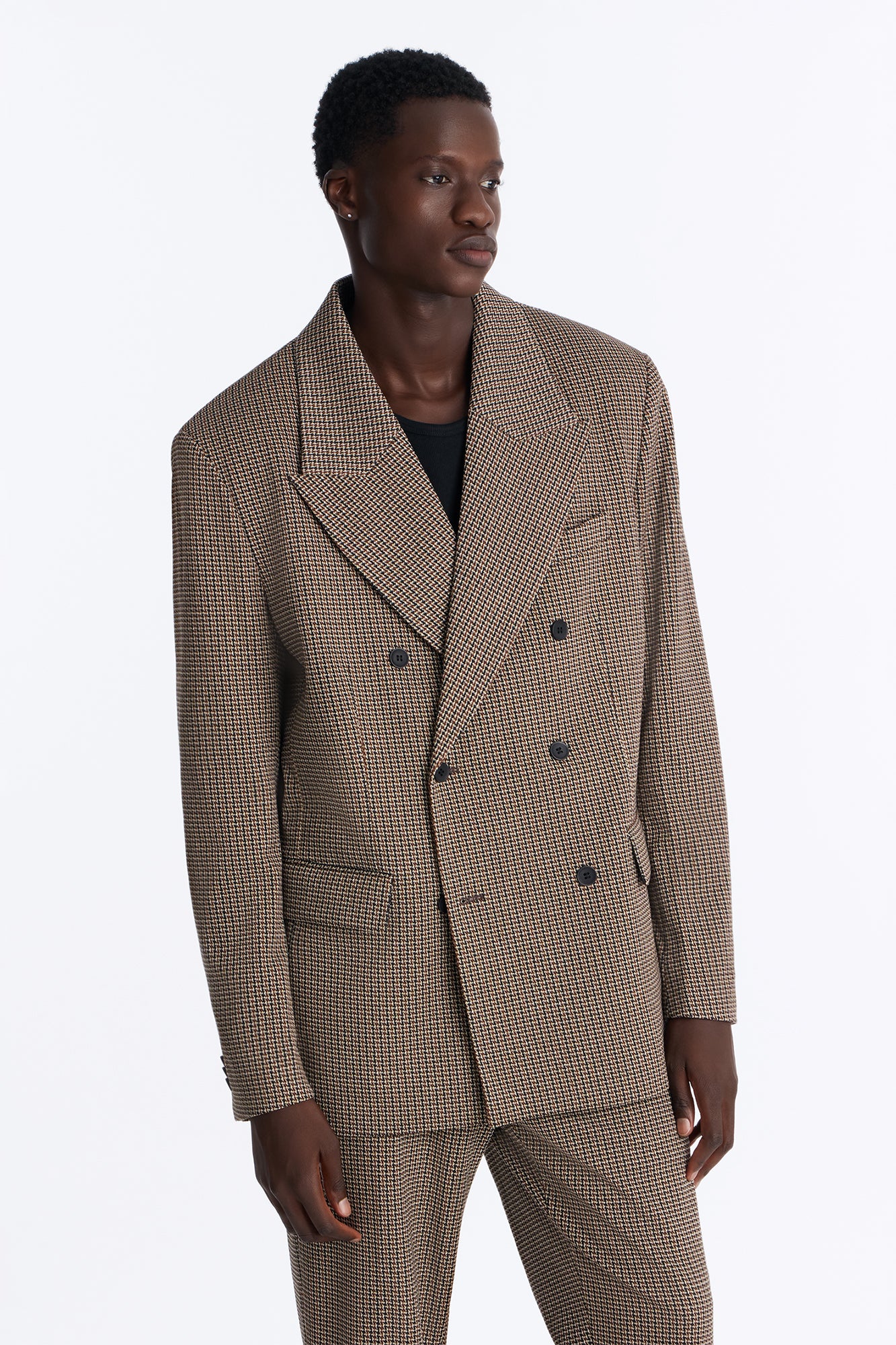 Executive Houndstooth Double Breasted Blazer - Brown