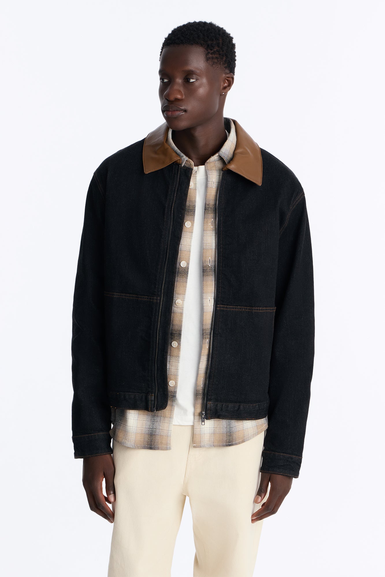 Raw Selvedge Contrast Collar Zipper Down Denim Jacket - Black