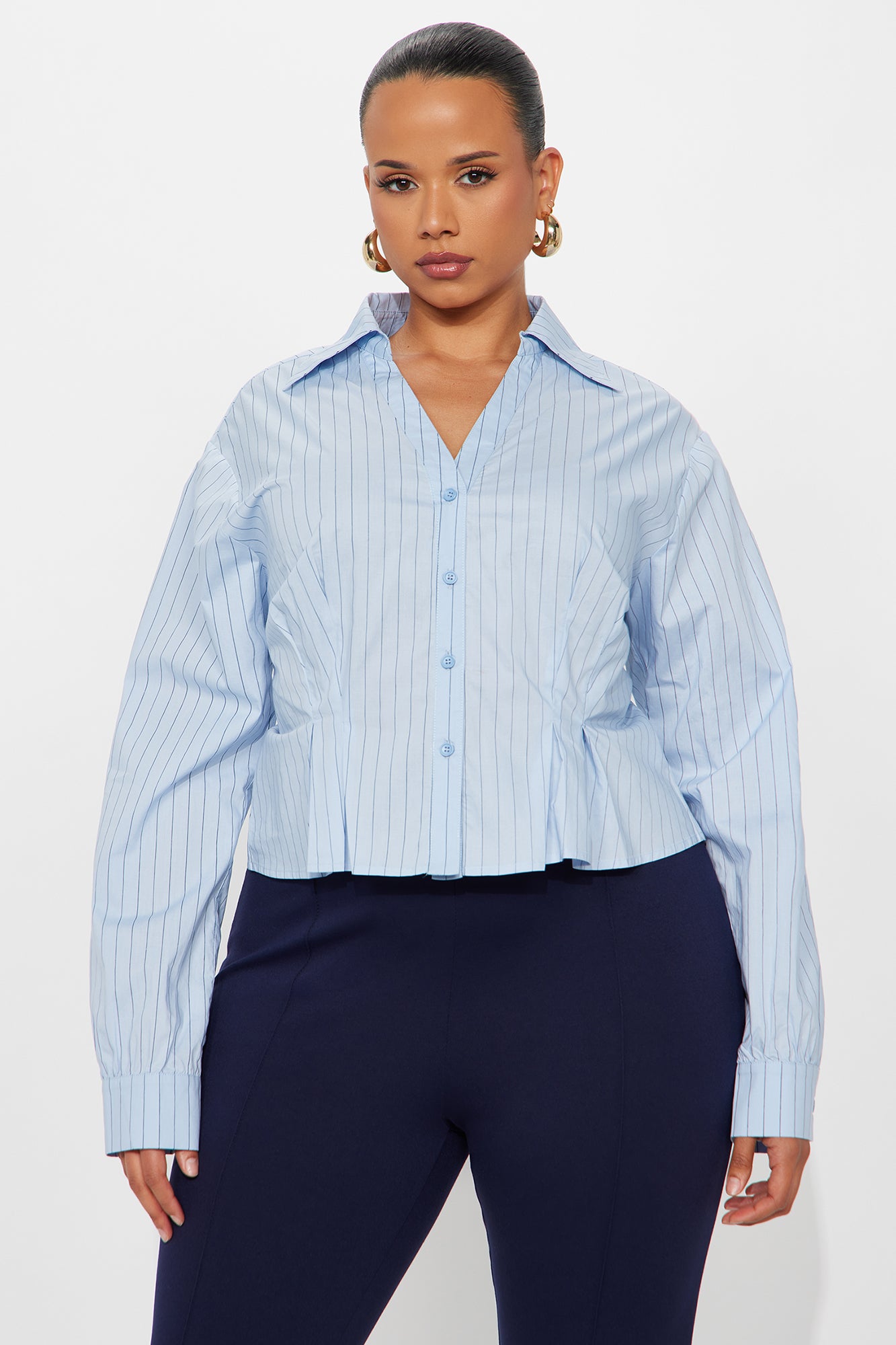 Stripe Me Pleated Poplin Button Up Shirt - Blue/combo