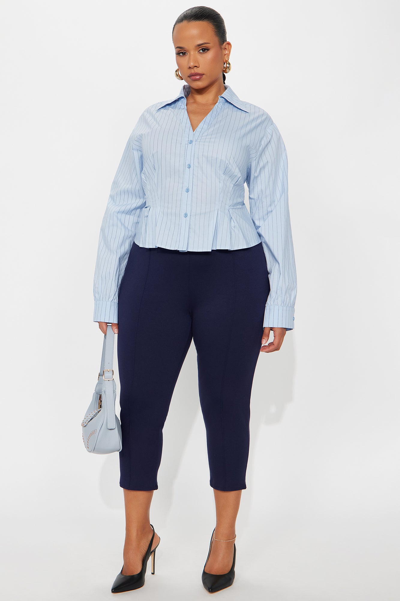 Stripe Me Pleated Poplin Button Up Shirt - Blue/combo