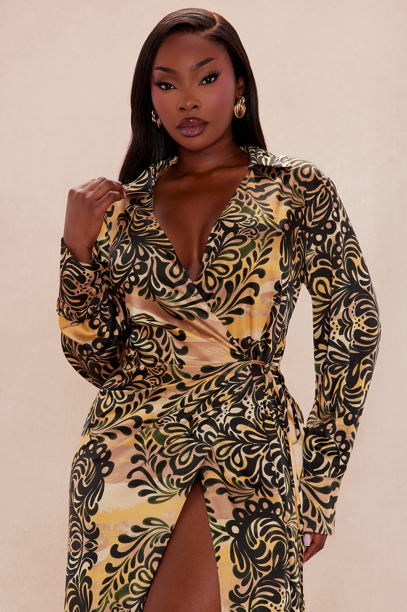 Solene Satin Collared Maxi Dress - Gold/combo