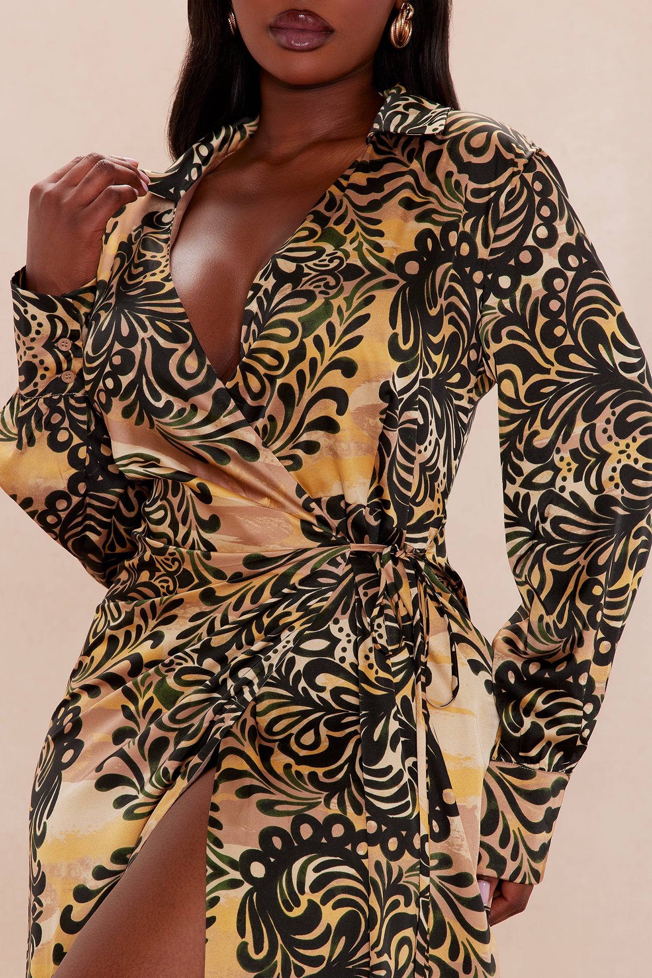Solene Satin Collared Maxi Dress - Gold/combo