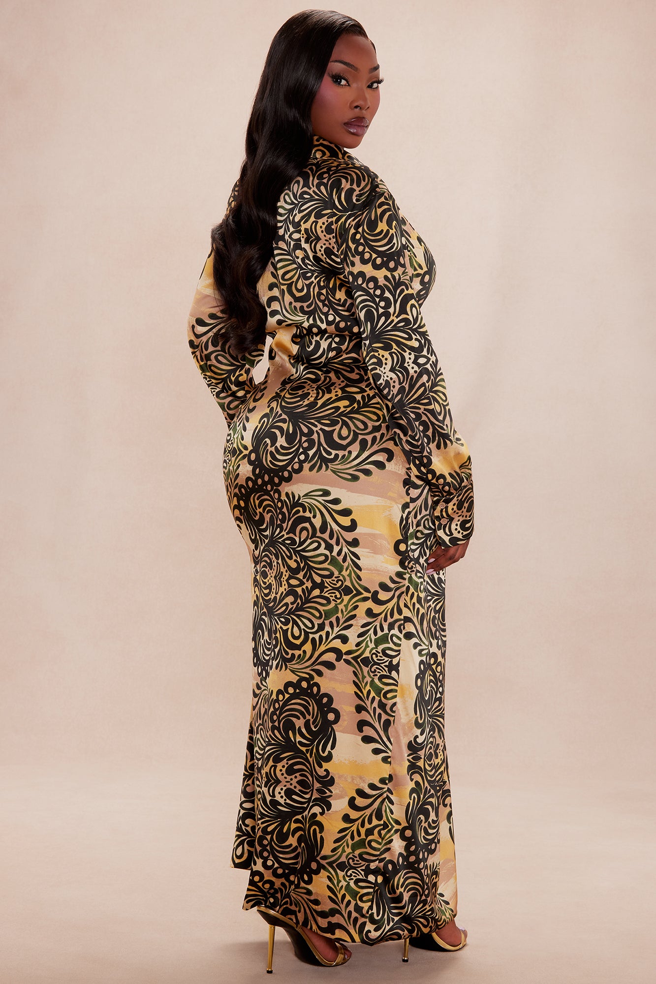Solene Satin Collared Maxi Dress - Gold/combo