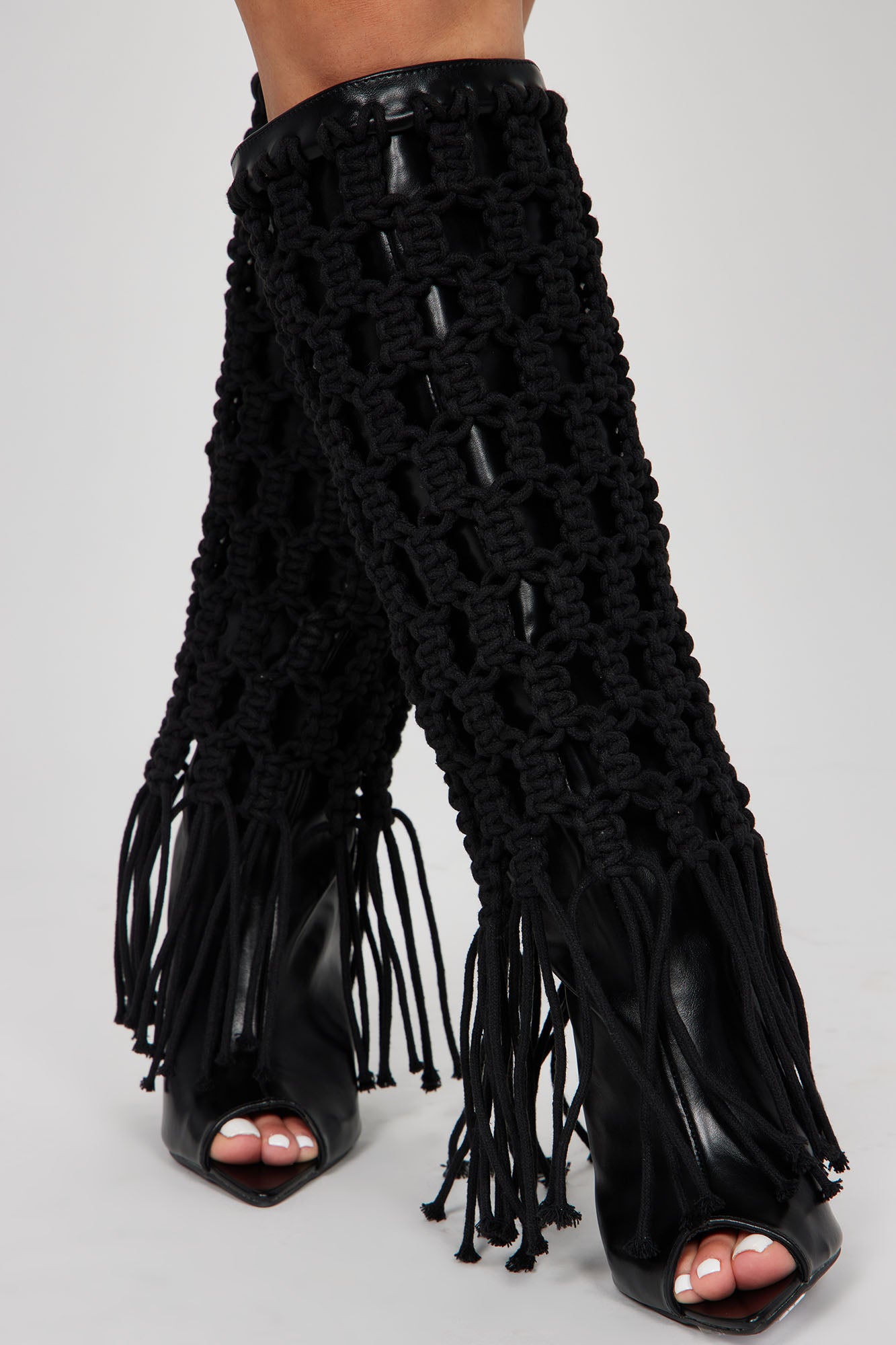 Summer Crochet Knee High Boots - Black