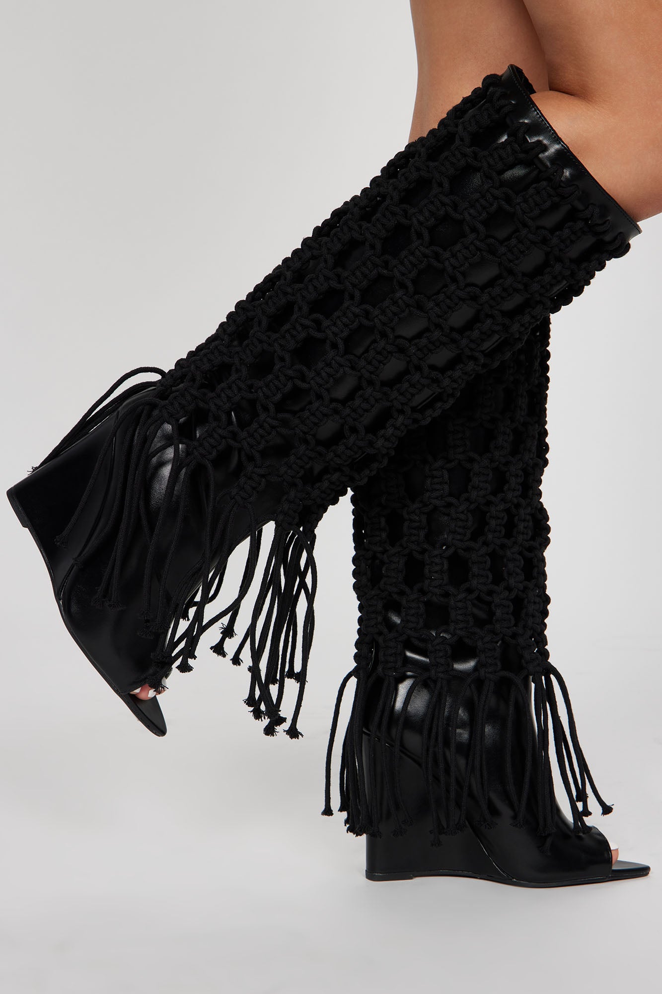 Summer Crochet Knee High Boots - Black