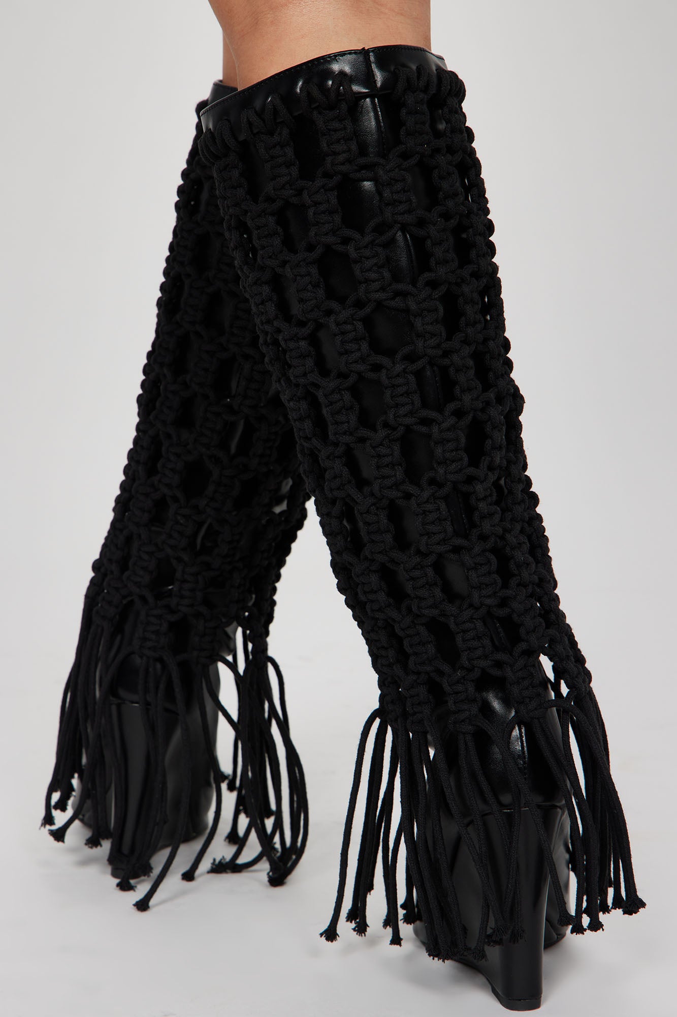 Summer Crochet Knee High Boots - Black