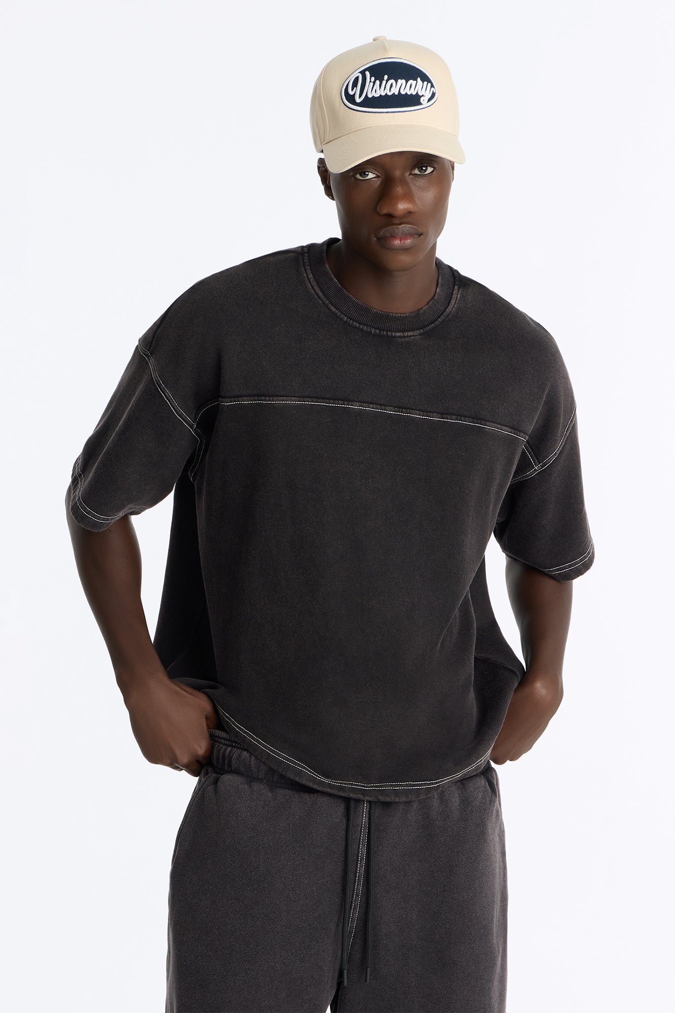 Kai Washed Contrast Stitch Oversized Fleece Tee - Black