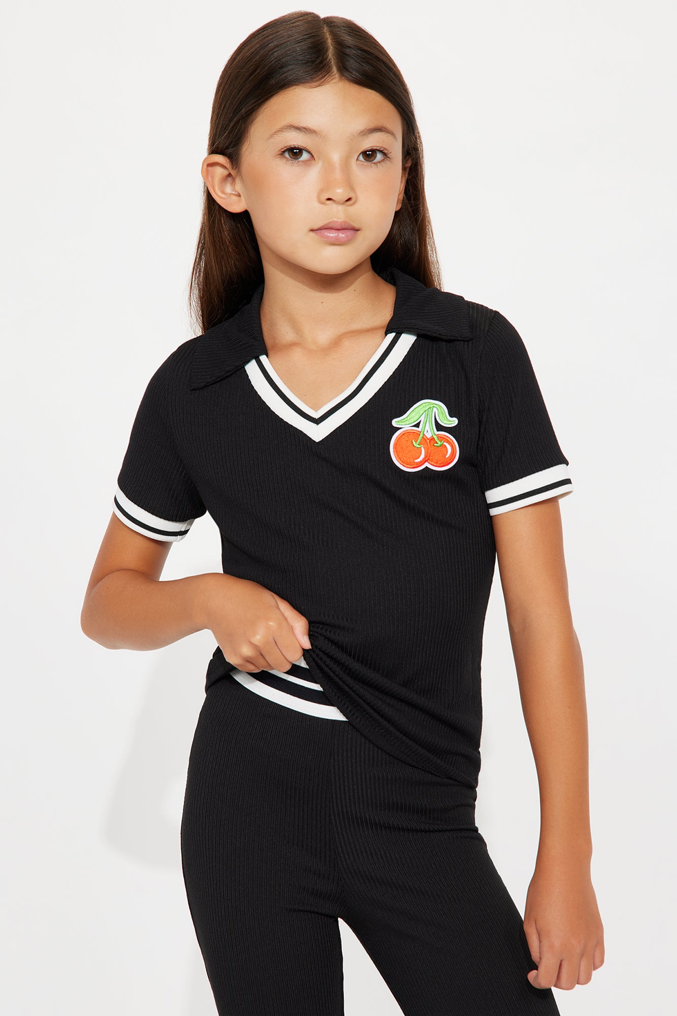 Mini Cherry Picking Flare Leg Pant Set - Black