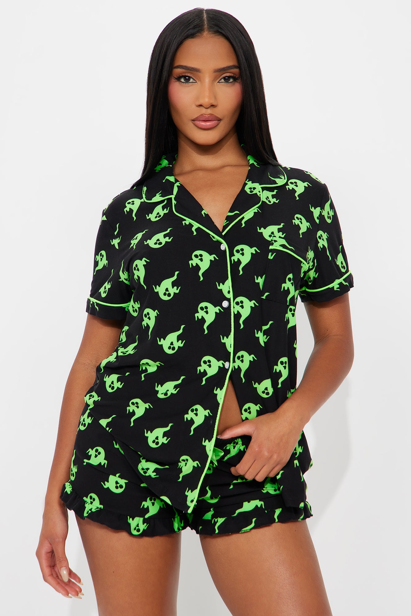 Ghosting You Short Sleeve Halloween PJ Short Set - Black/Green