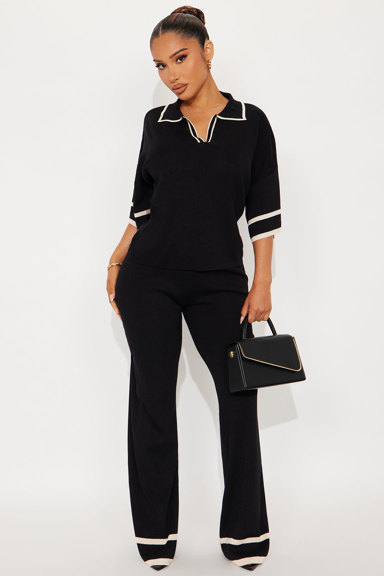 Sarah Sweater Knit Polo Pant Set - Black