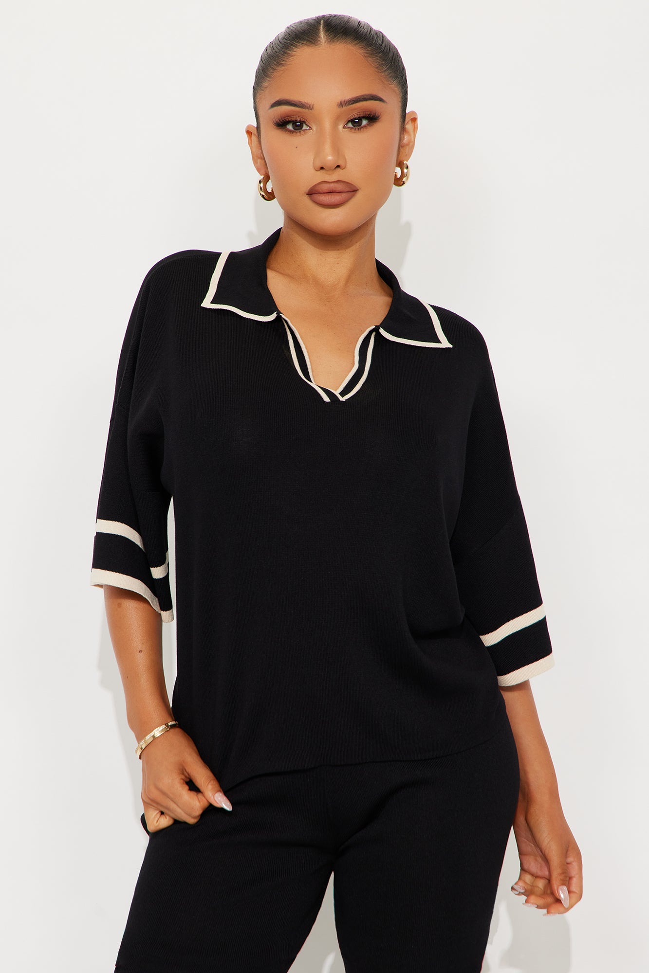 Sarah Sweater Knit Polo Pant Set - Black