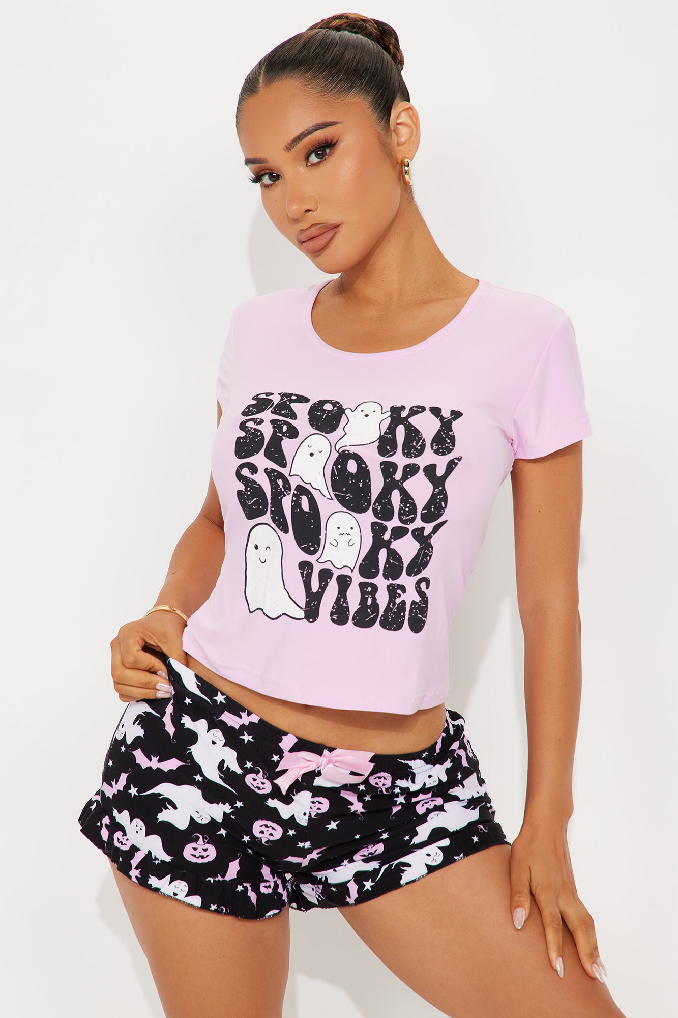 Feeling The Spooky Vibes PJ Short Set - Pink/combo