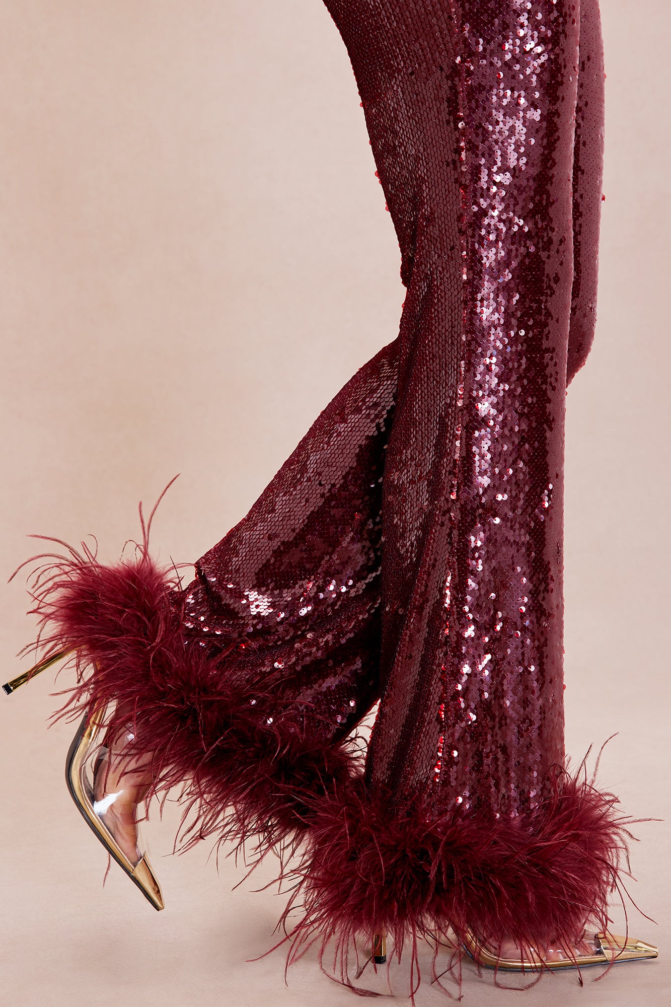 Gaia Feathered Sequin Pant - Burgundy