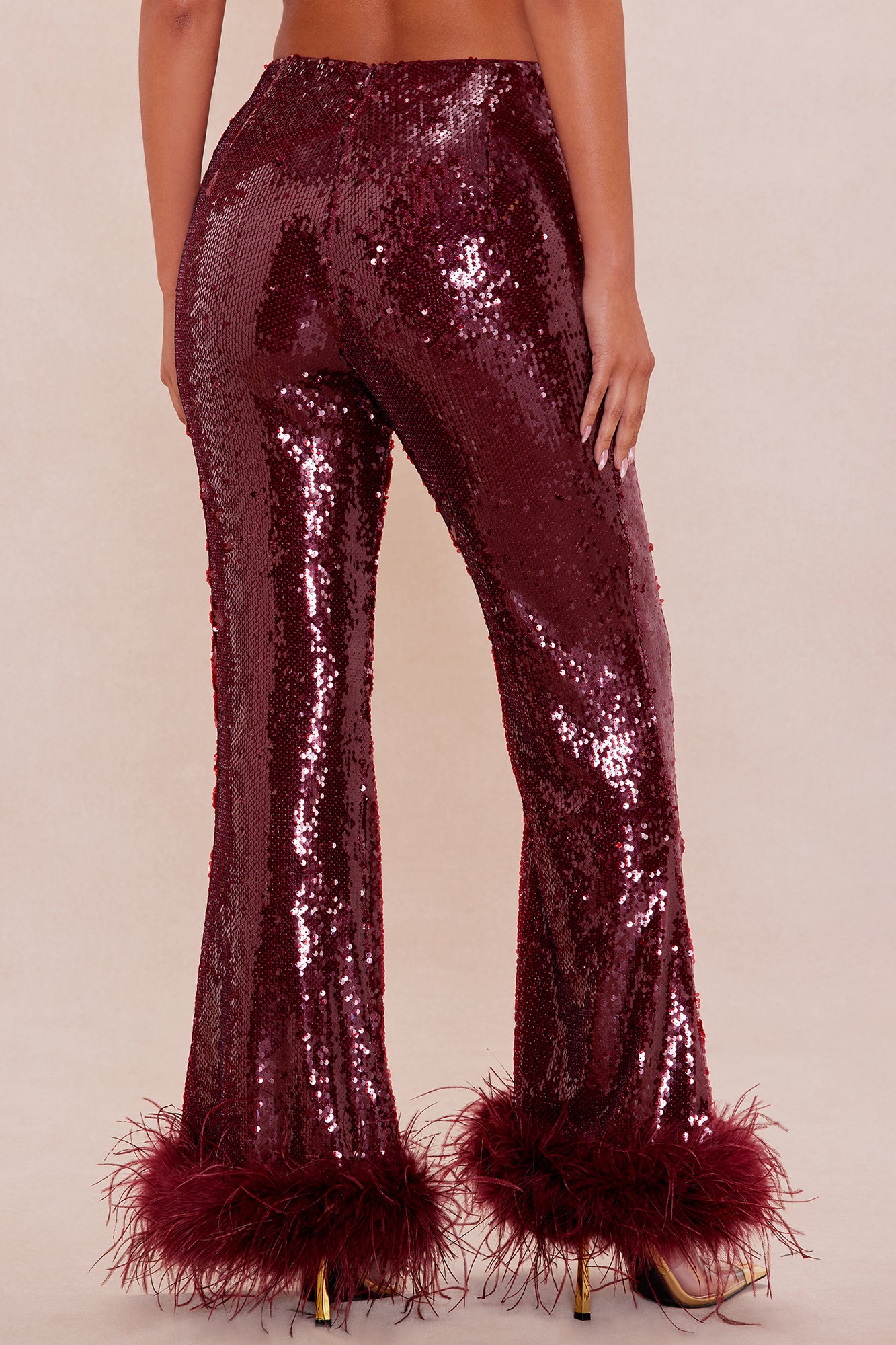 Gaia Feathered Sequin Pant - Burgundy