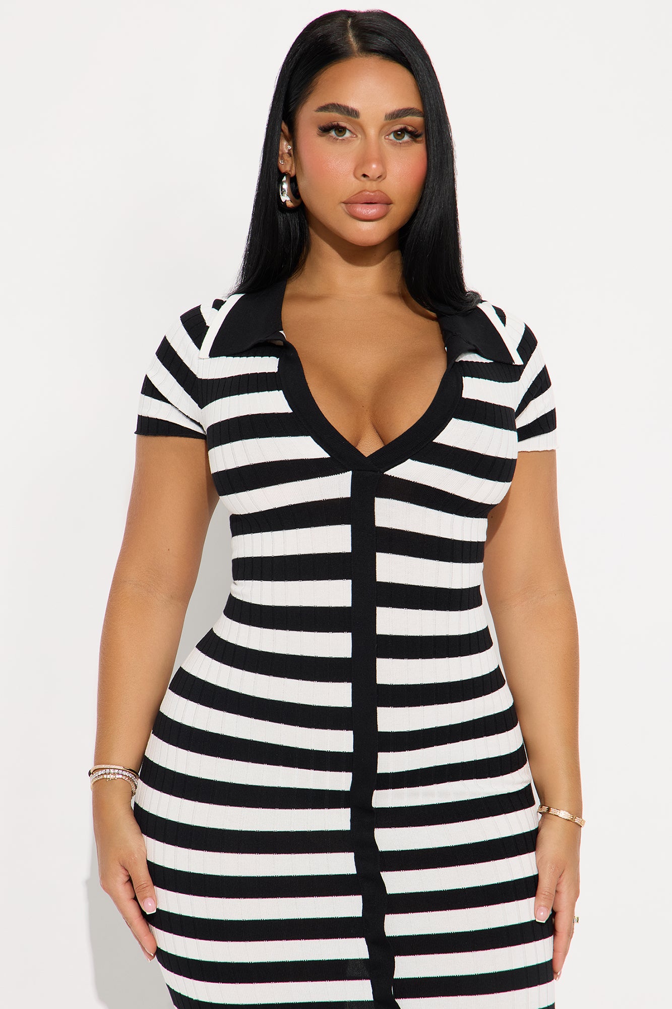 Prestigious Tour Ribbed Midi Dress - White/Black