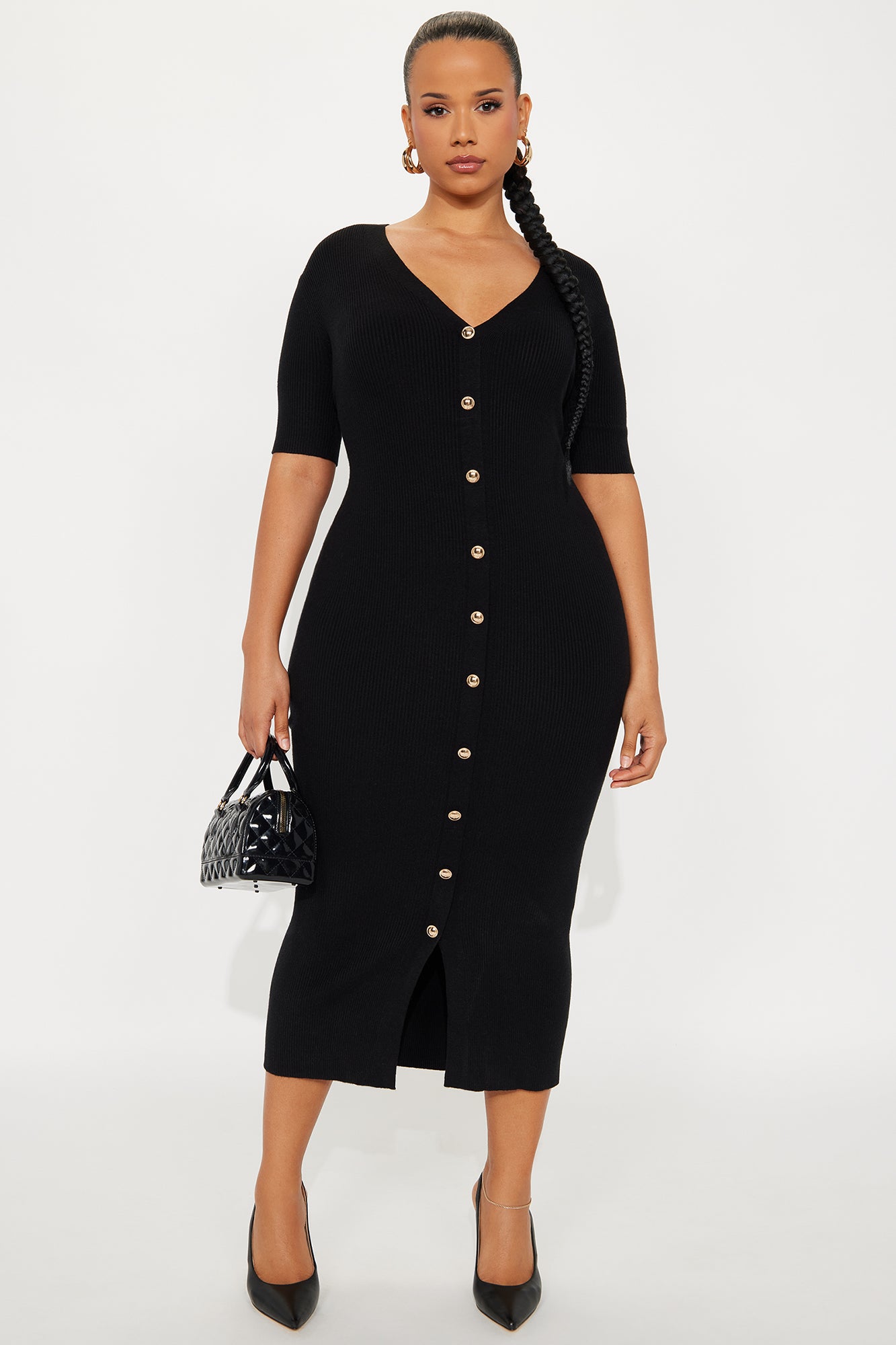 Kaia Belted Ribbed Midi Dress - Black