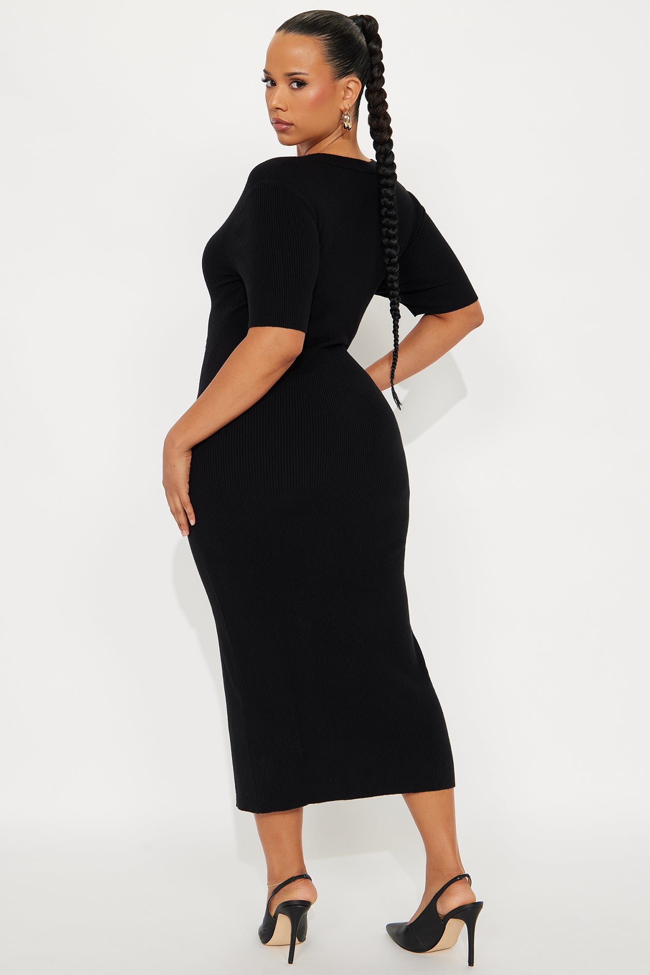 Kaia Belted Ribbed Midi Dress - Black