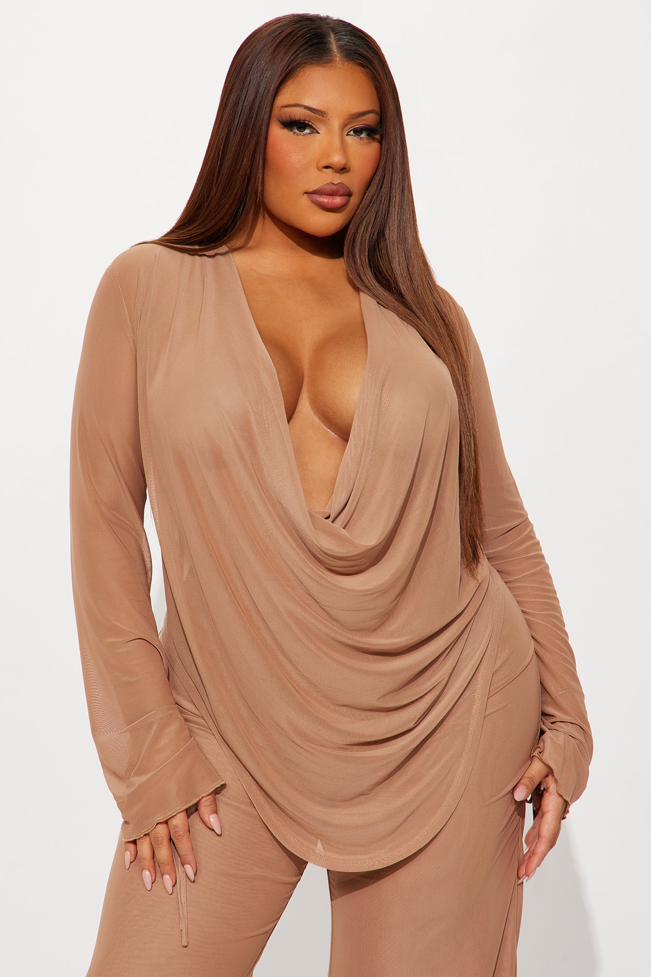 Silent Muse Cowl Neck Mesh Pant Set - Mocha