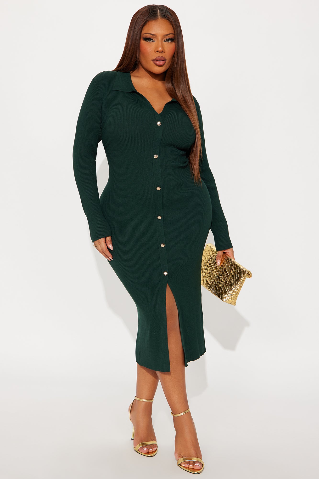 Jada Long Sleeve Ribbed Midi Dress - Hunter