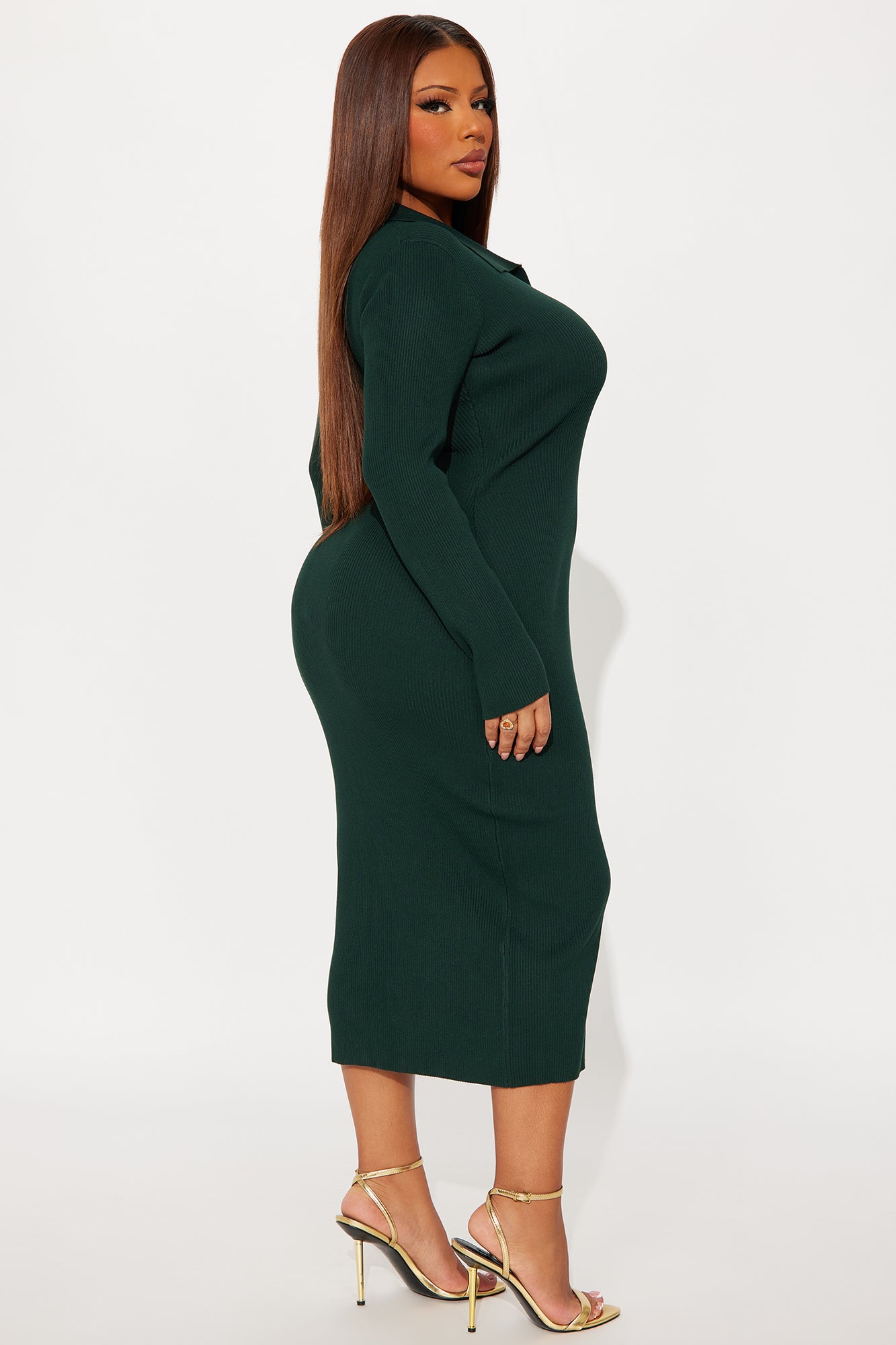 Jada Long Sleeve Ribbed Midi Dress - Hunter