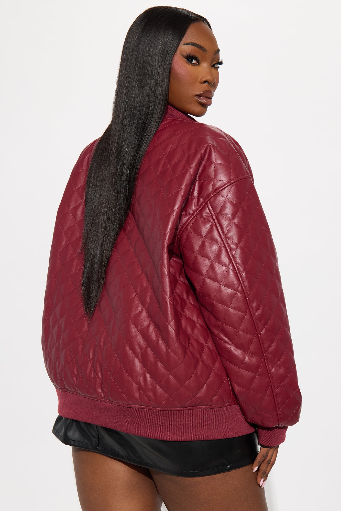 Around The Way Quilted Faux Leather Bomber Jacket - Burgundy