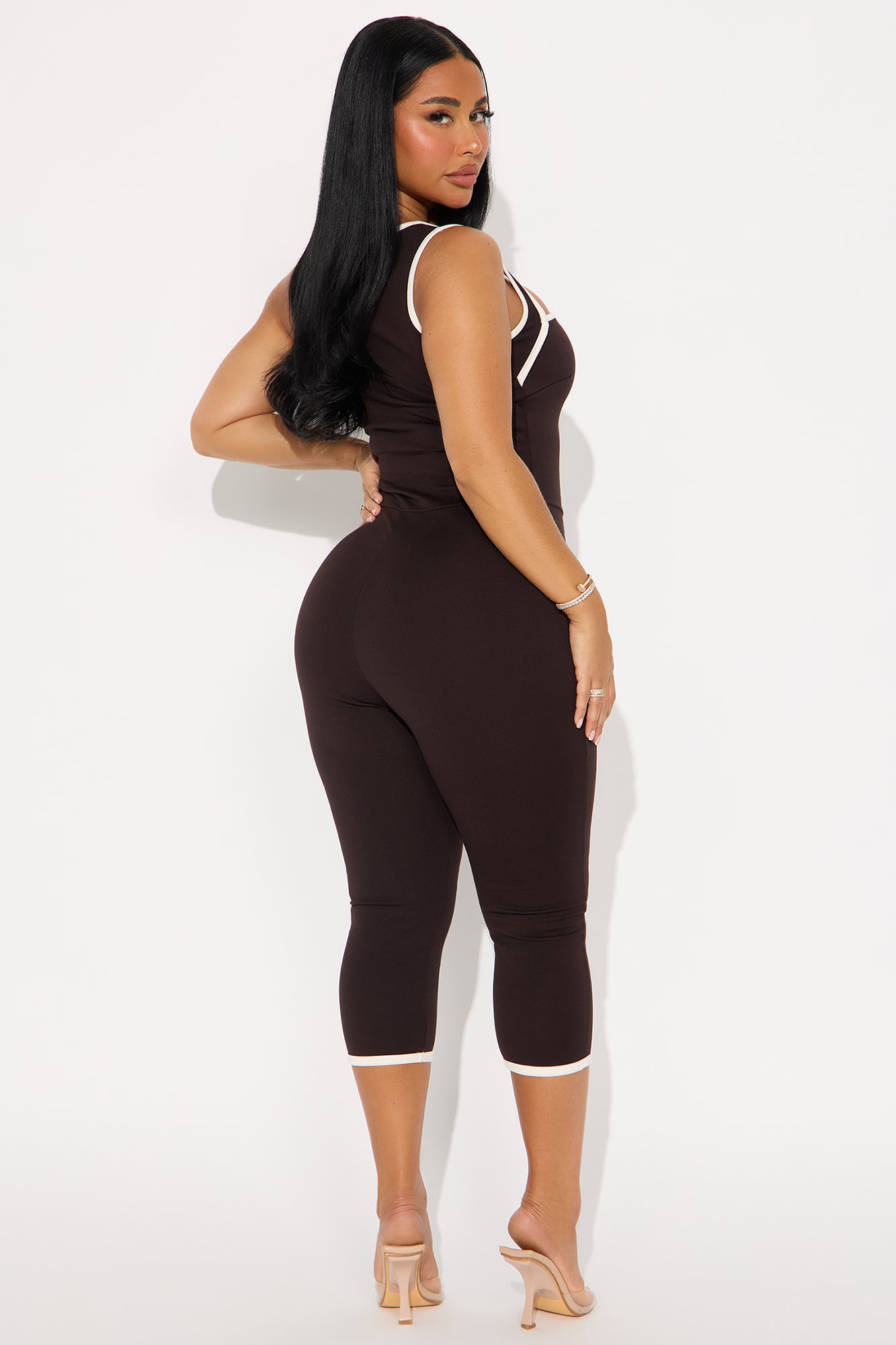 His Loss Contrast Trim Capri Jumpsuit - Chocolate