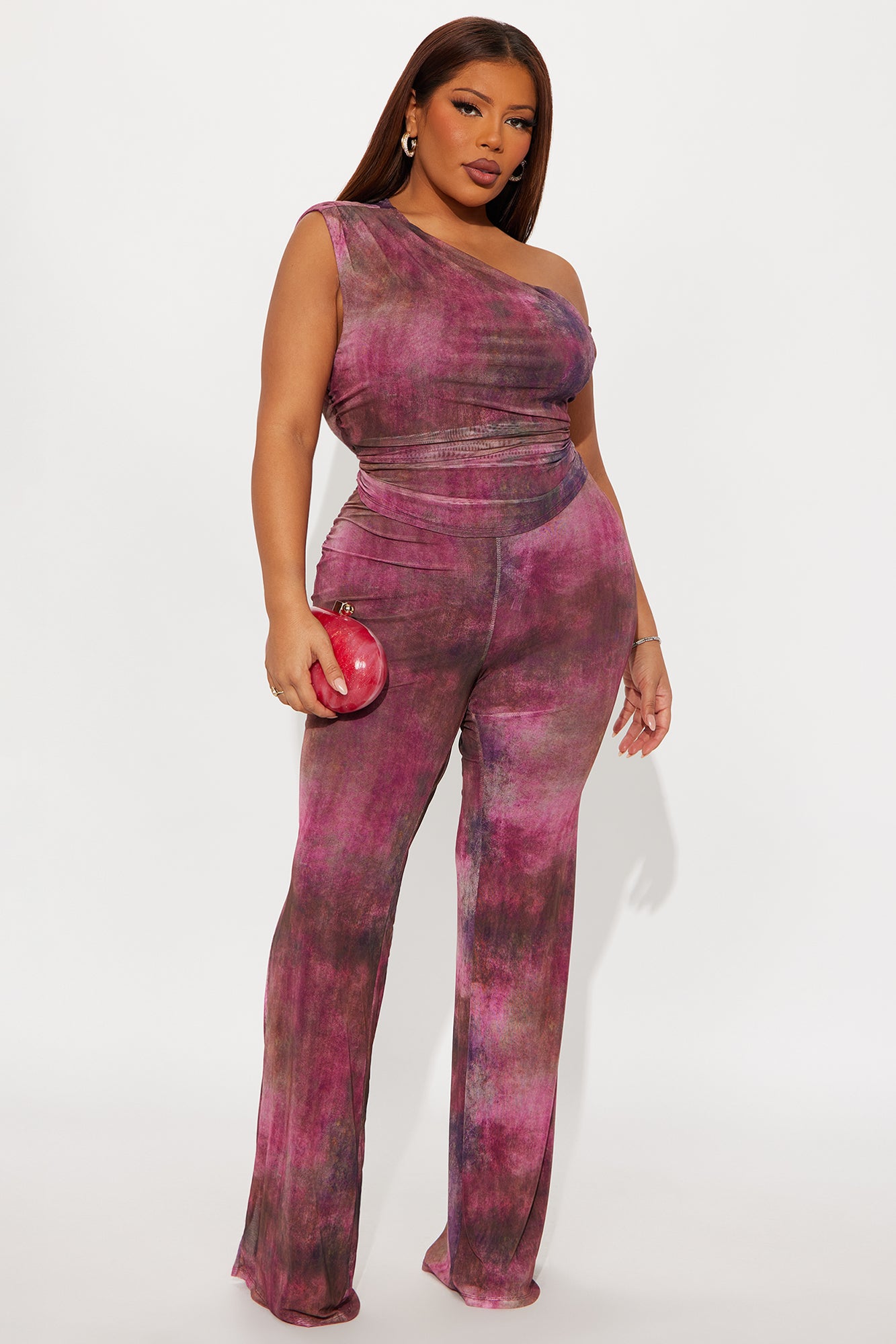 Tara One Shoulder Mesh Pant Set - Plum