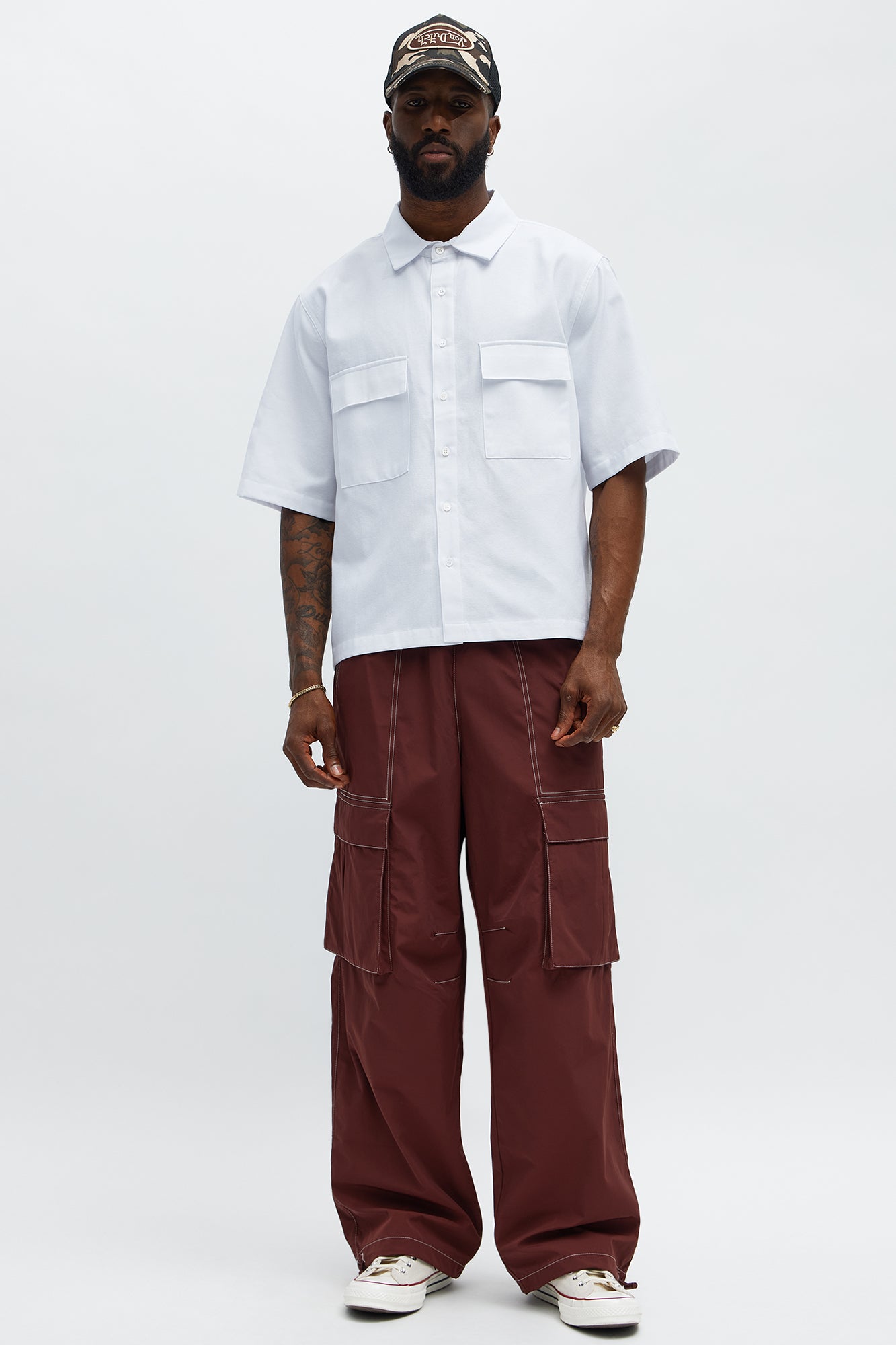 Cropped Double Pocket Button Up Shirt - White