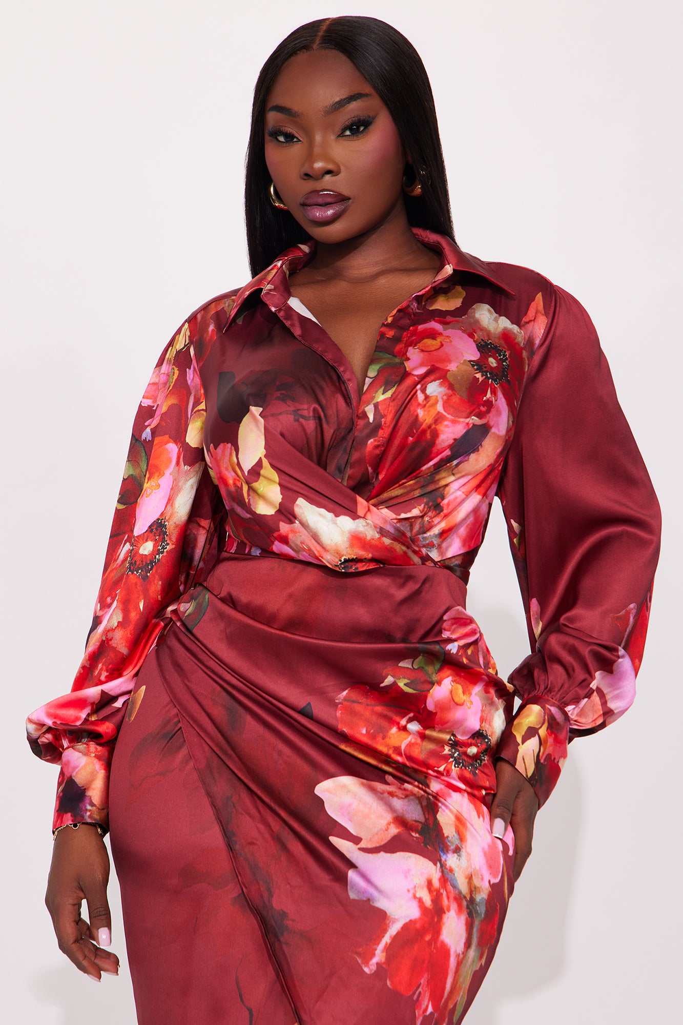 Glamourous Days Satin Midi Dress - Burgundy/combo